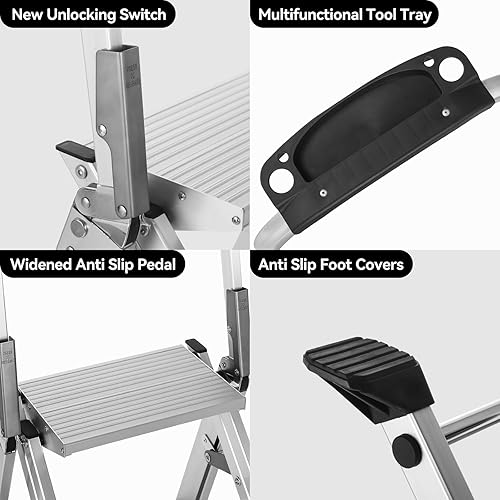 Miniatura 4 de Yvan Step Ladder Pro con plataforma de herramientas, taburete plegable de aluminio de 3 escalones con pedal ancho antideslizante, patas de goma,