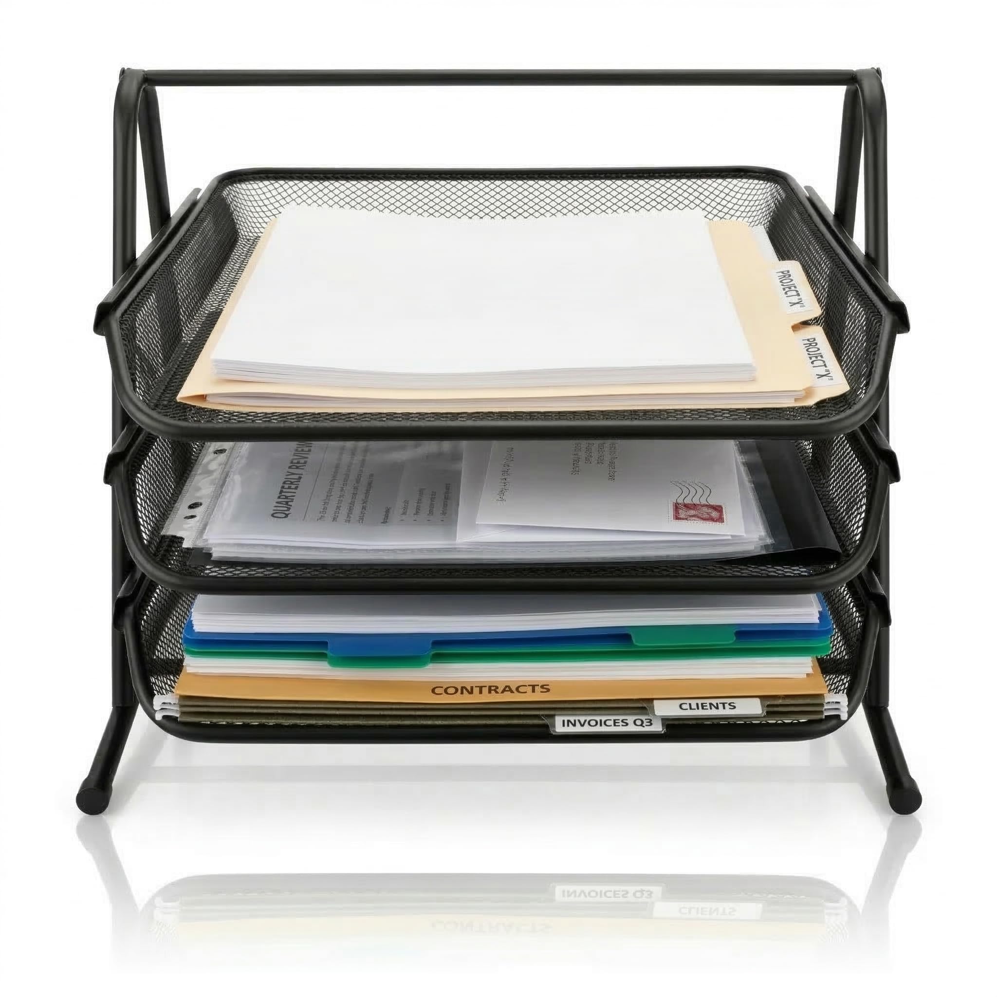 D.RECT KOMO Portadocumenti da Scrivania 3 Scomparti Metallo Rete Organizer A4 Estraibile 350x297x275 mm