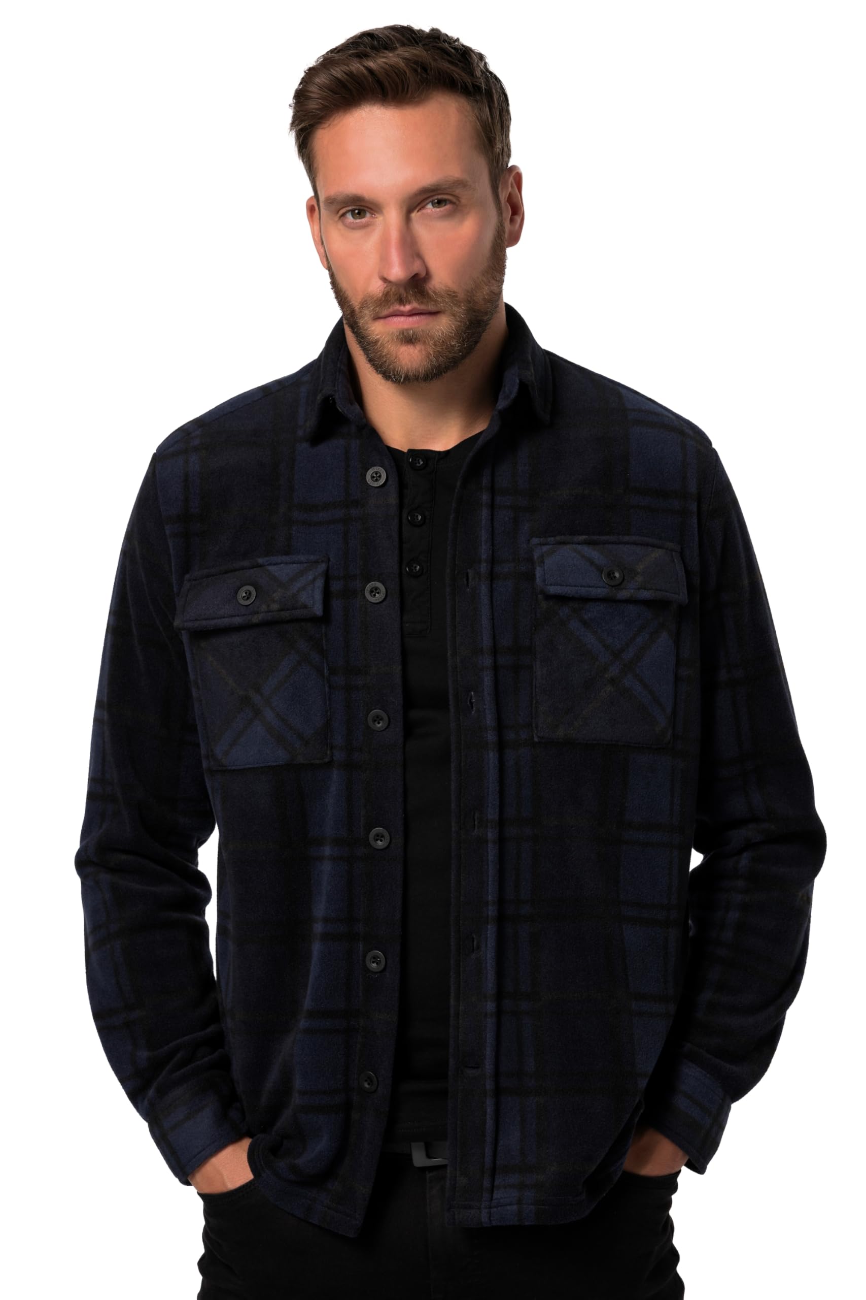 JP 1880 Herren große Größen Übergrößen Menswear L-8XL Fleece-Karohemd, Workwear, Langarm, Kentkragen, Modern Fit 830816