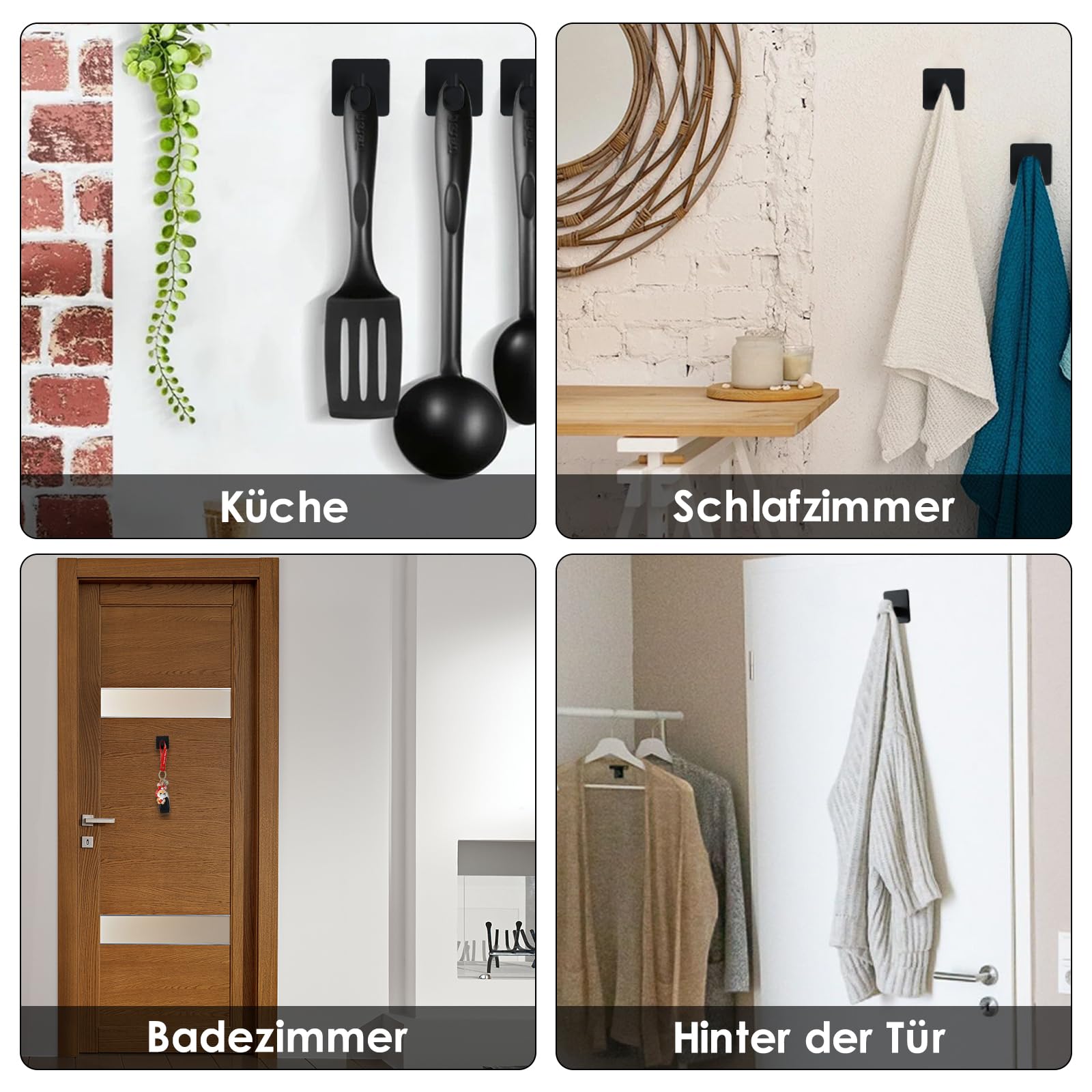 10 Ganchos De Pared Autoadhesivos Negros - Forma J, Metal, Impermeables, Para Toallas Y Objetos Pequeños