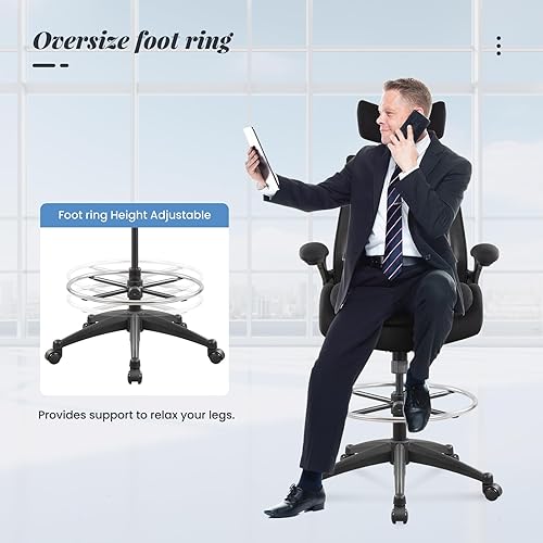 Miniatura 7 de Silla de oficina alta ergonómica de 400 libras para escritorio de pie ajustable con brazos abatibles, reposacabezas (con reposapiés, negro)