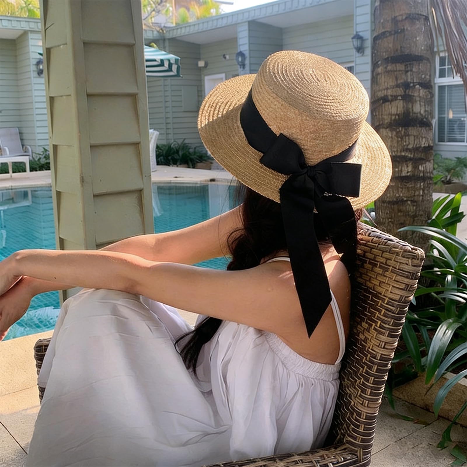 Sombrero de paja para mujer, paja de trigo con lazo decorativo, sombrero para el sol con protección UV 50+ para playa, vacaciones y verano