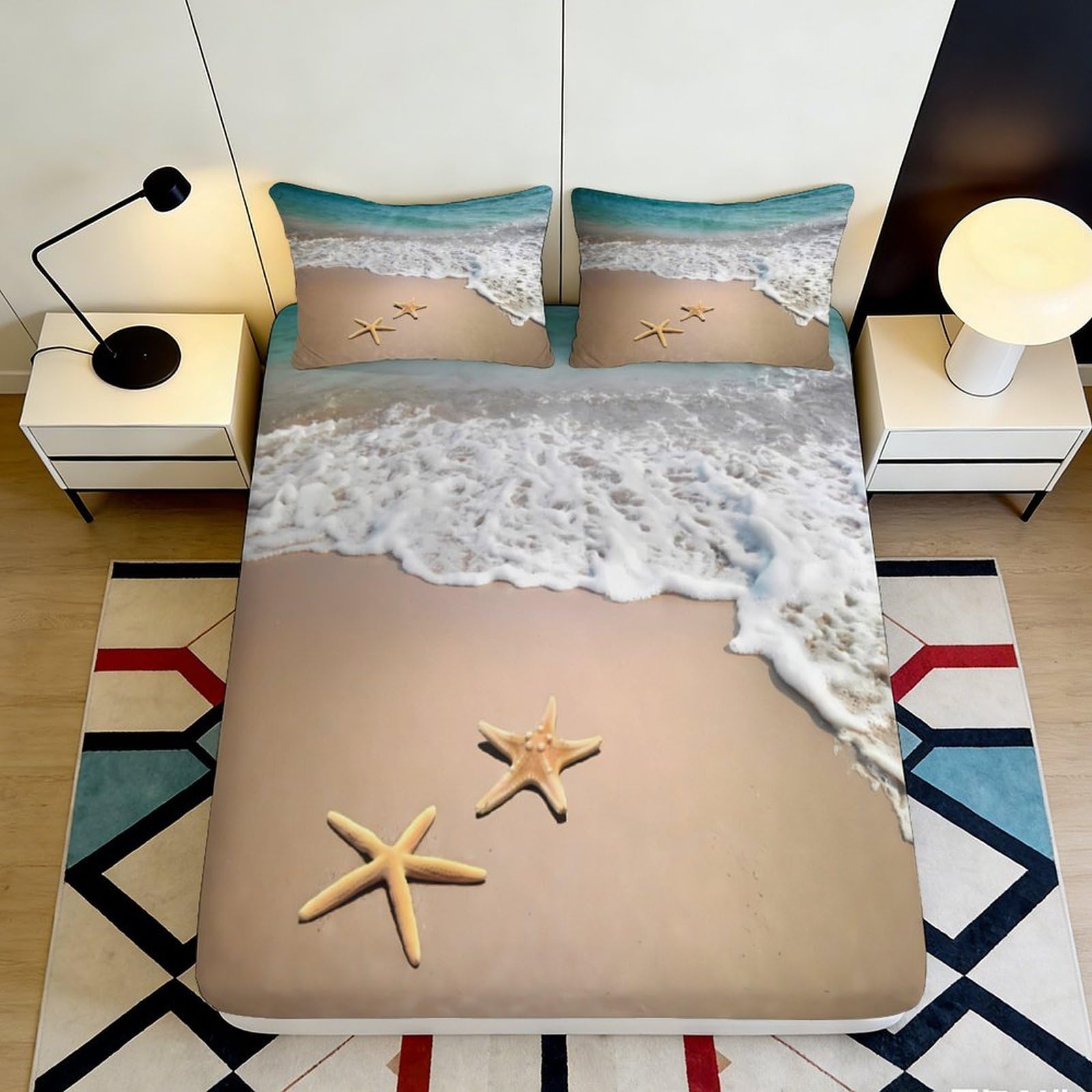 3D Printed Beach Sand Starfish Fitted Sheet Microfiber Soft Breathable Ocean Wave Mattress Cover for Bedroom Decor 90x200x25cm