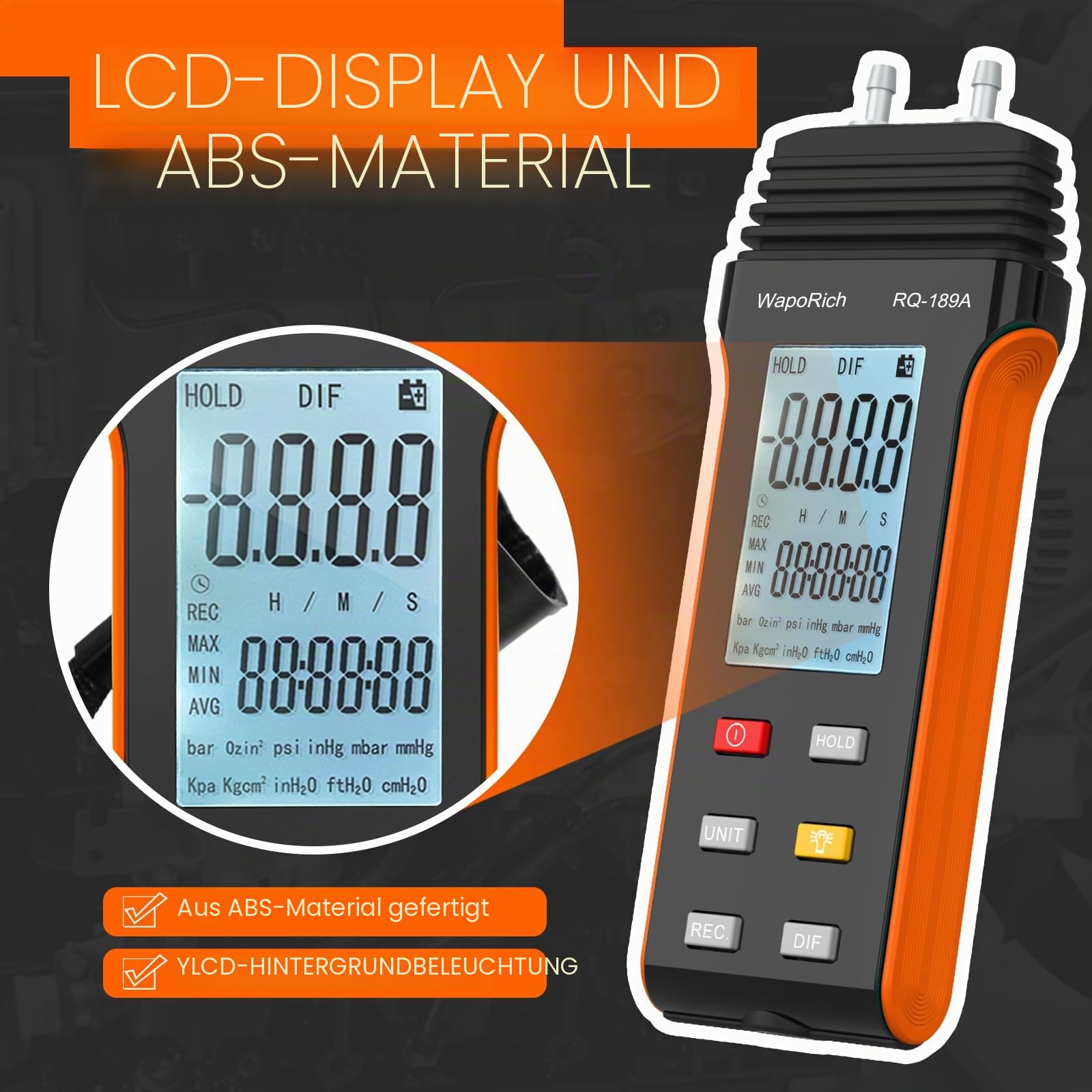 Manometer Professionellen Luftdruckmesser RQ-189A, Differenzdruckmessgerät Dual-Port-Manometer-Gasdrucktester mit 11 Selektierbaren Einheiten, Hintergrundbeleuchtung