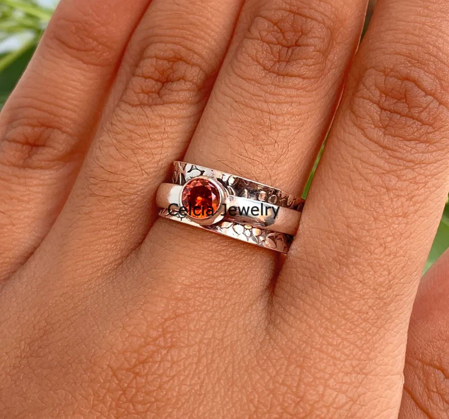 Anillo giratorio de plata con forma de flor y hojas de piedra preciosa de granate, hecho a mano, para meditación, ansiedad y ansiedad