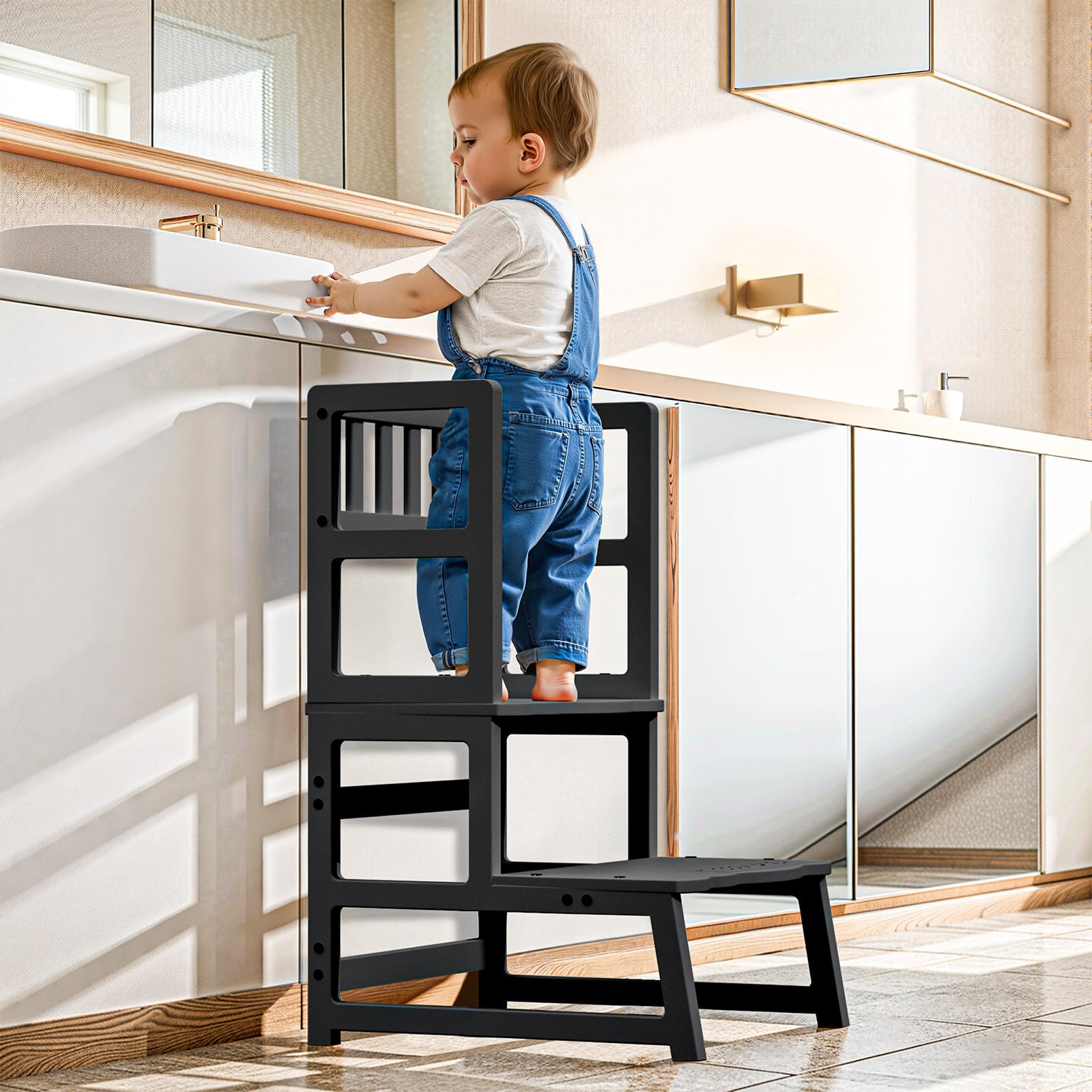 COSYLAND Learning Tower from 1 Year - Learning Tower - Height-Adjustable Montessori Learning Tower with Tilt Protection, White and Natural