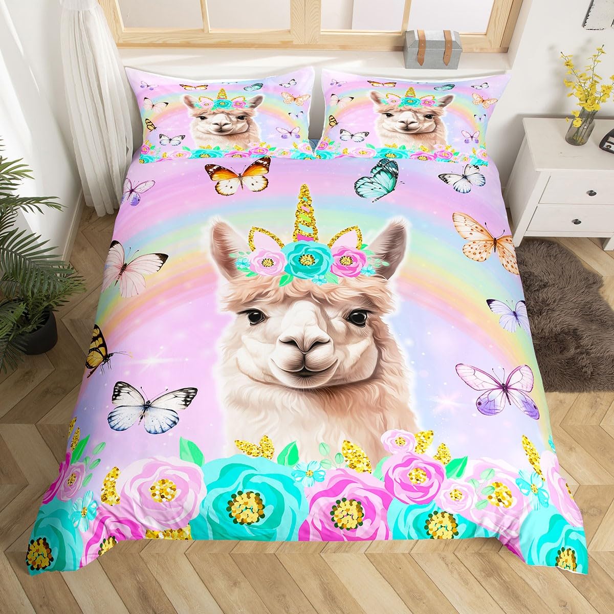 Manfei Cute Alpaca Duvet Cover Set Single Size, Floral Unicorn Llama Bedding Set 2pcs for Kids Girls Adults Room Decor, Butterfly Rainbow Comforter Cover Soft Polyester Quilt Cover with 1 Pillowcase โ image 1