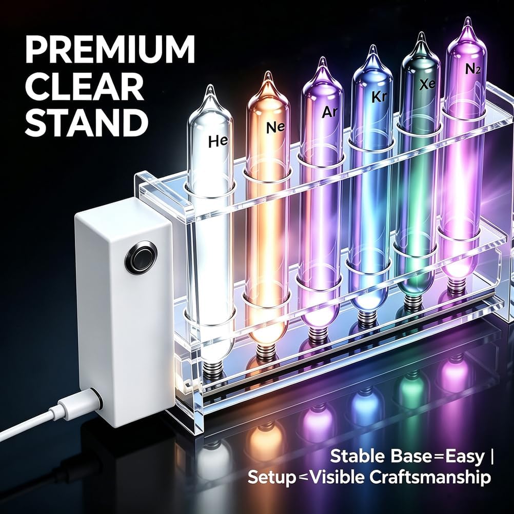 Noble Gas Glow Tubes Set - 6pcs Rare Gas Sealed Glass Tubes with Excitation Base for Science Display & Collection, 99.99% Purity He/Ne/Ar/Kr/Xe/N2