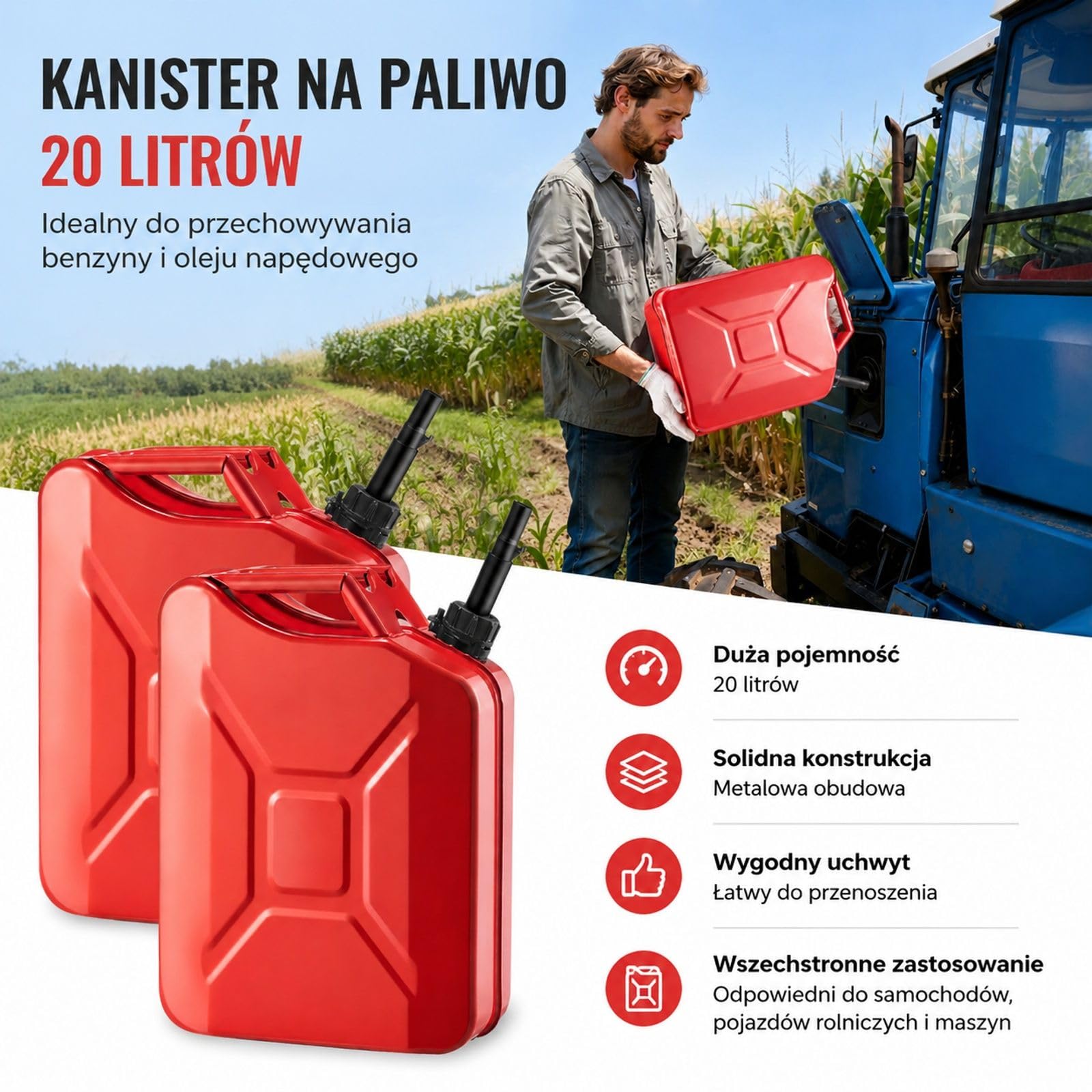Kanister na Paliwo 20 l, Metalowy Pojemnik na Benzynę z Dziobkiem i Uchwytem, Czerwony do Samochodu, Motocykla, ATV i UTV, 2 szt