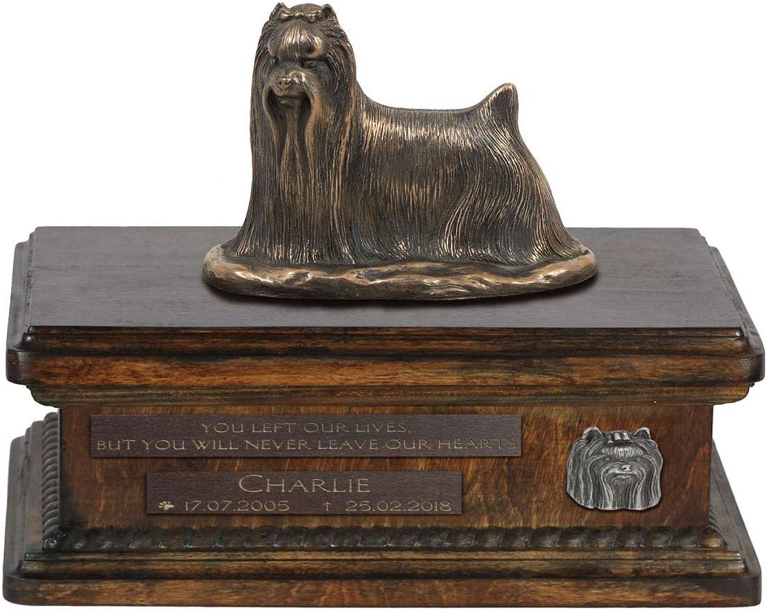 Art-Dog Custom Dog Sitting Statue Memorial Urn - Handmade Cold Cast Bronze on Birch Base – Sturdy and Stylish Urn for Dog’s Ashes – 8.3x11.4x8.7 – 5l – Yorkshire Terrier