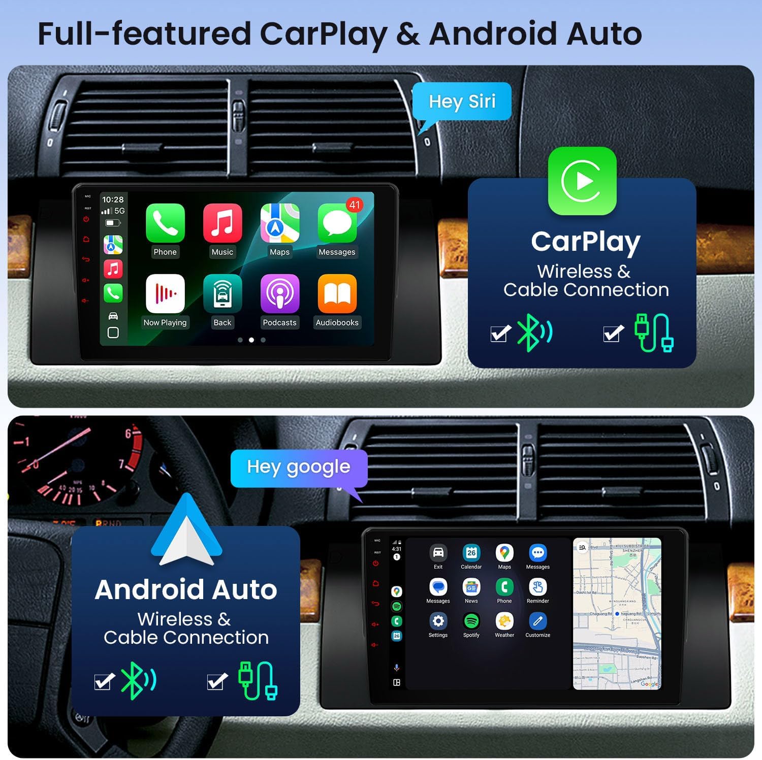 XTRONS IDP9053B displaying Apple CarPlay and Android Auto interfaces.