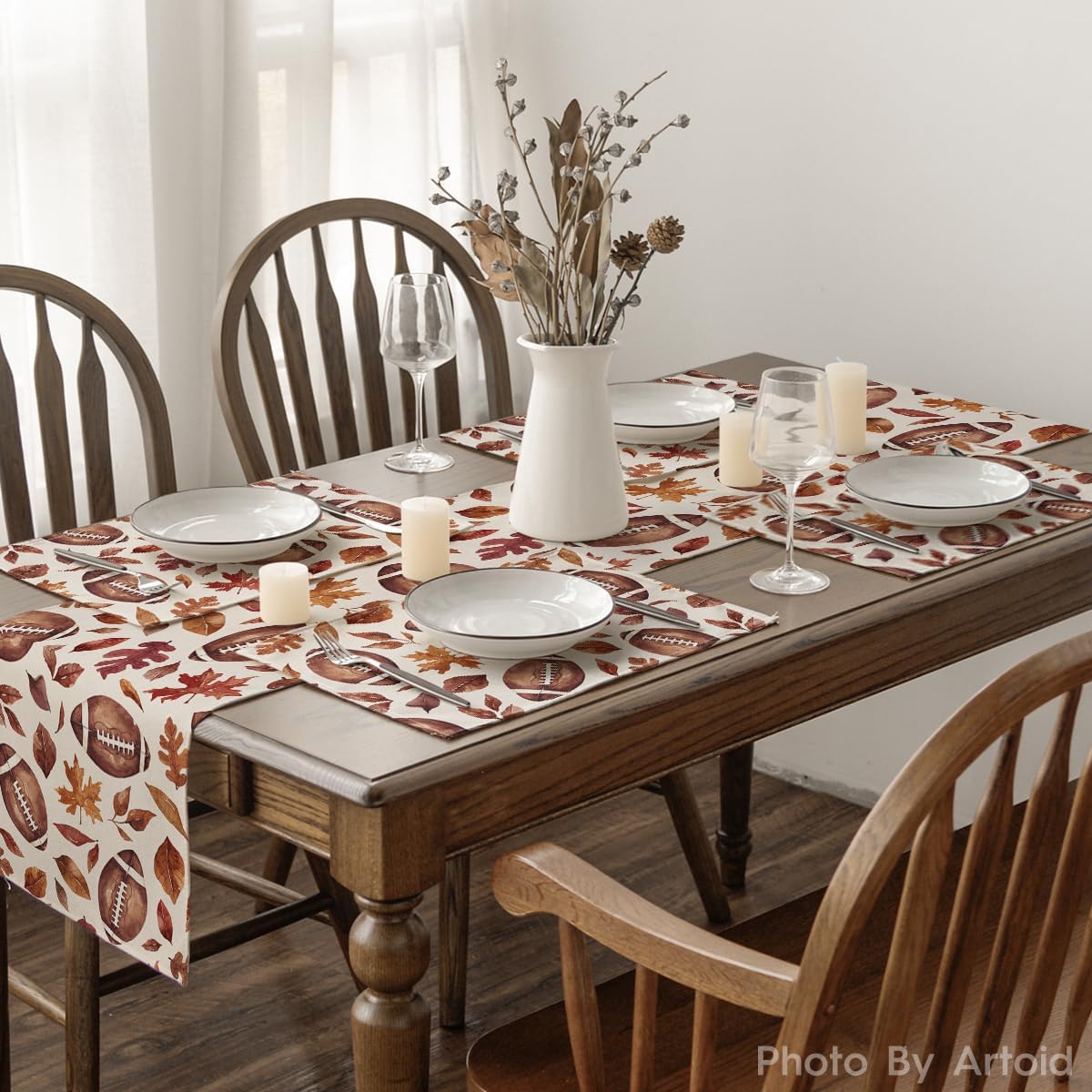 Artoid Mode Football Rugby Leaves Fall Placemats Set of 4, 12x18 Inch Seasonal Autumn Table Mats for Party Kitchen Dining Decoration