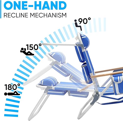 Miniatura 3 de Paquete de 2 sillas de playa de aluminio para adultos con 5 posiciones clásicas, plegables, ligeras, con 2 bolsas de enfriamiento, toallero,