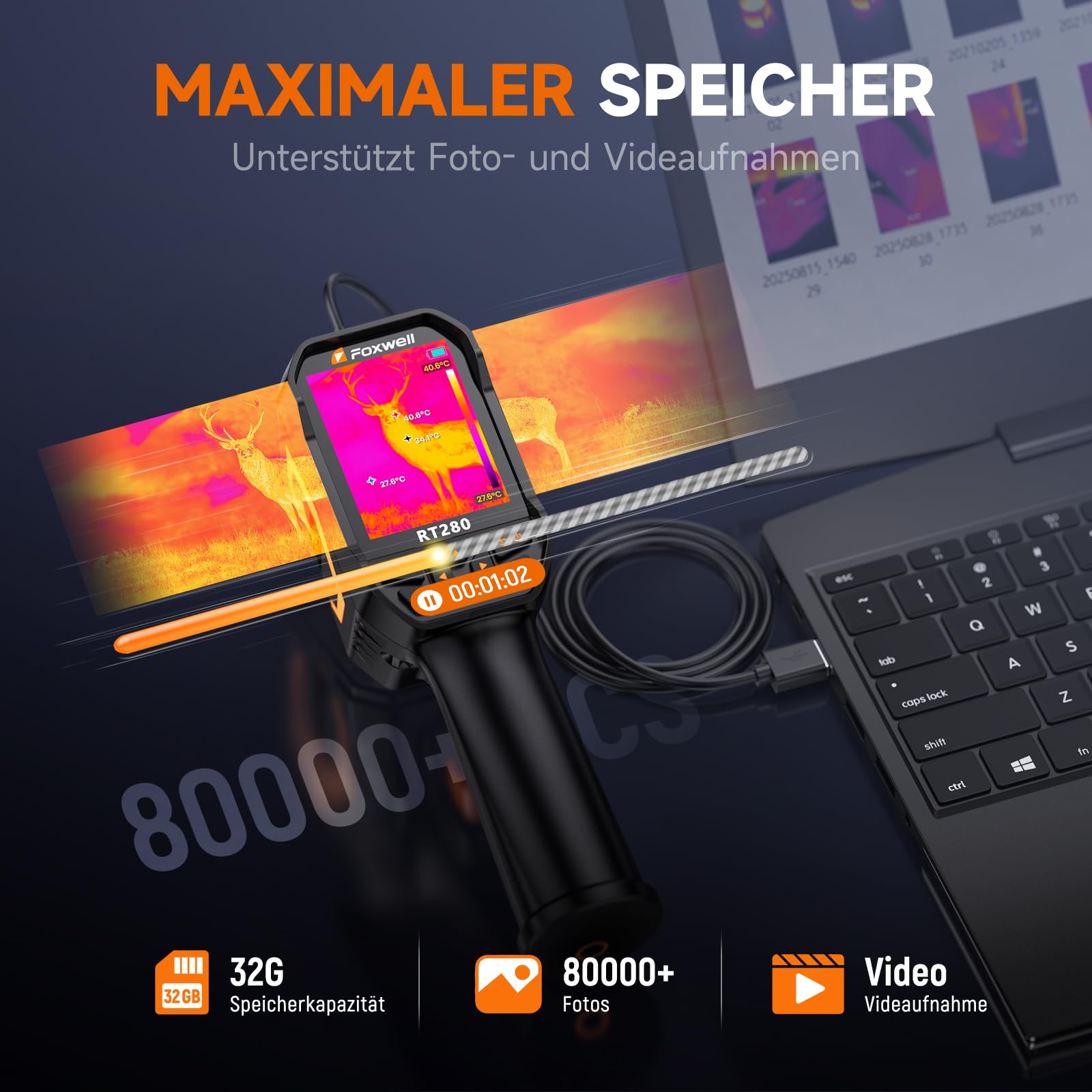FOXWELL Wärmebildkamera RT280, 320 X 240 2,8“ LCD Bildschirm tragbare Thermal Camera, 240x180 TISR-Auflösung, -20°C bis 550°C, 25Hz Wärmekamera mit Laser, 8GB, PC-Analyse, Videoaufzeichnung(320*240)