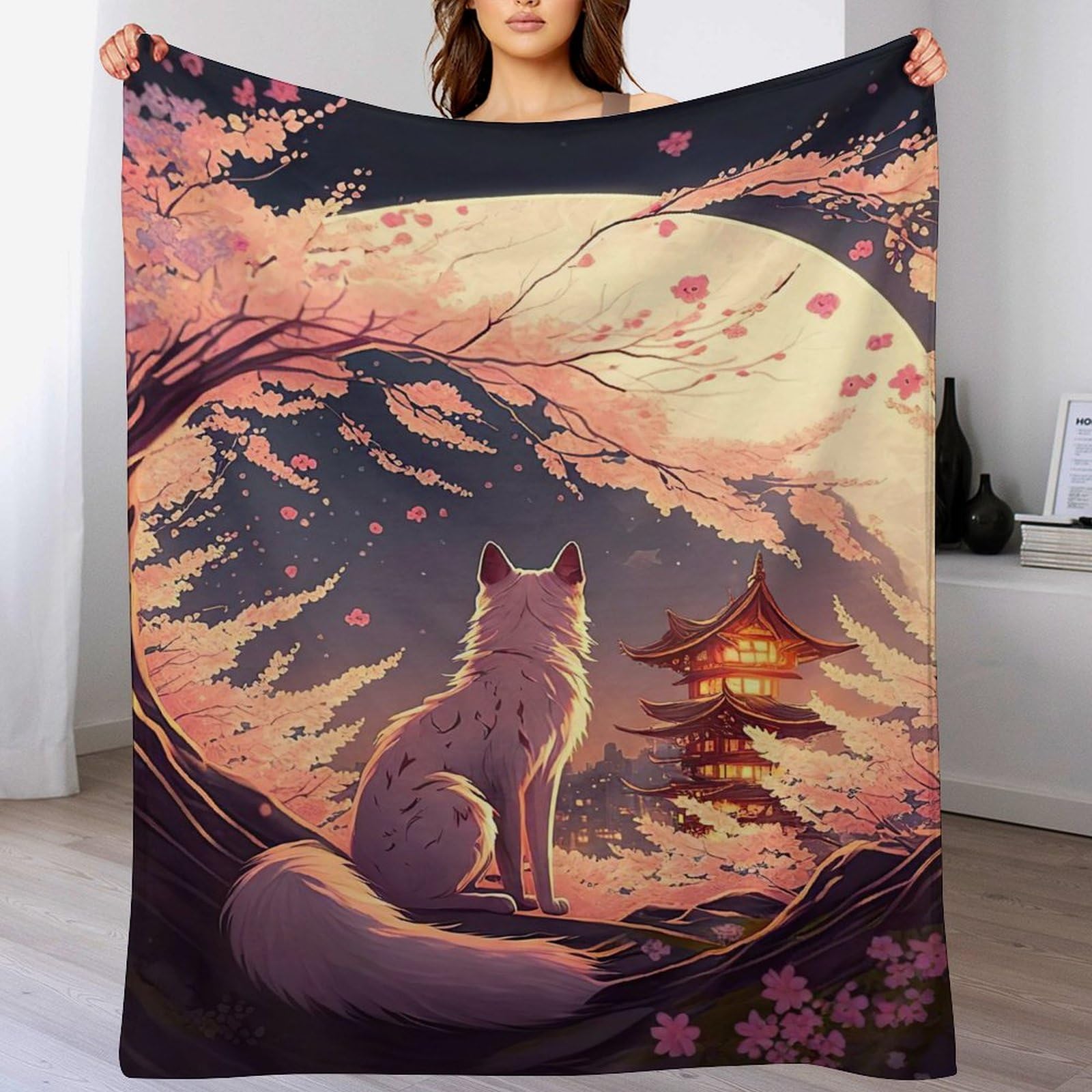 Couvre-lit en polaire de flannel cerise tree japan art impression 3D linge de lit premium