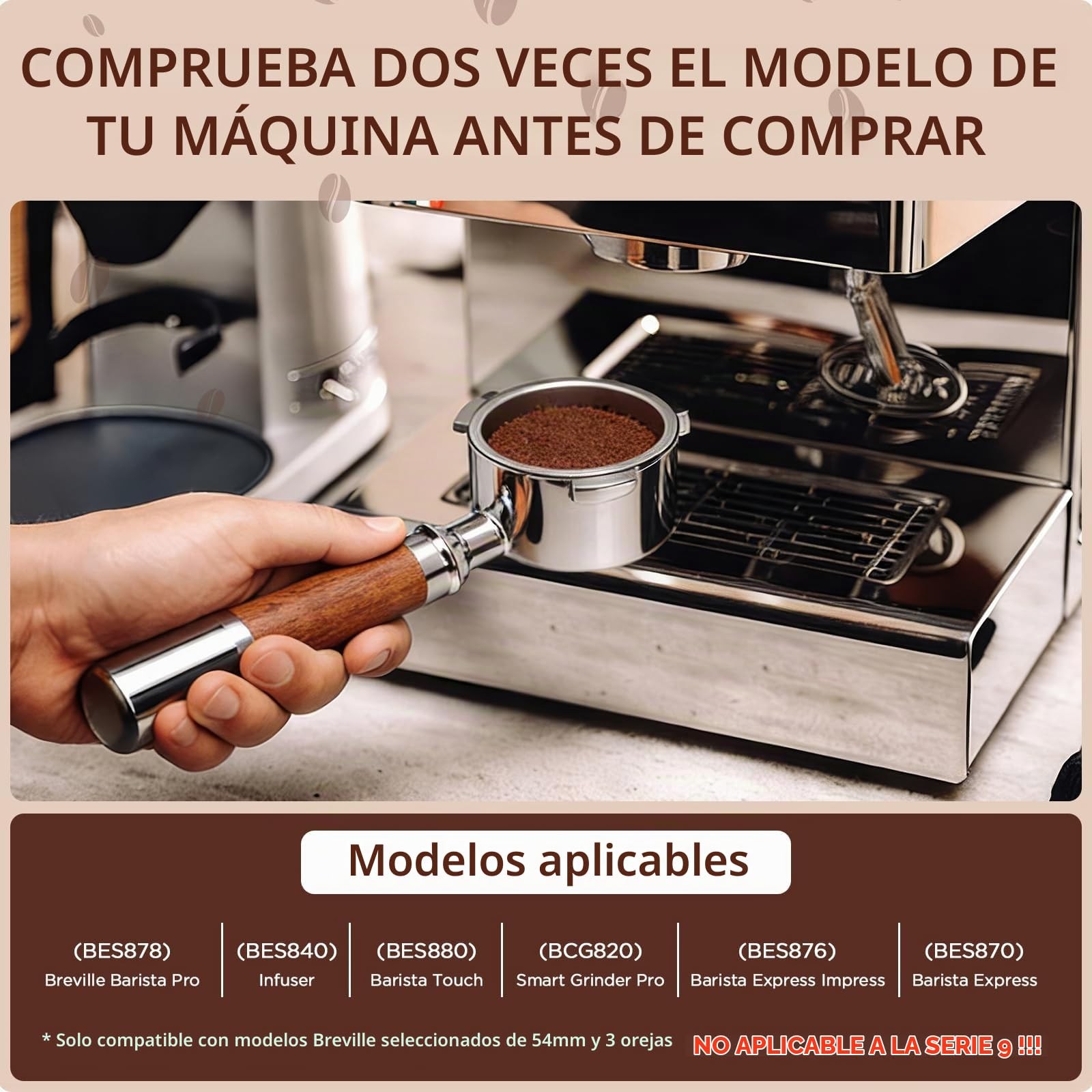 Cozary Portafiltro Sin Fondo de 54 mm,con 3 Orejas y Mango de Madera, Reutilizables, para Breville Espresso Machines 870/878/880, para su uso en Hogares,Cafeterías y Restaurantes de Estilo Occidental