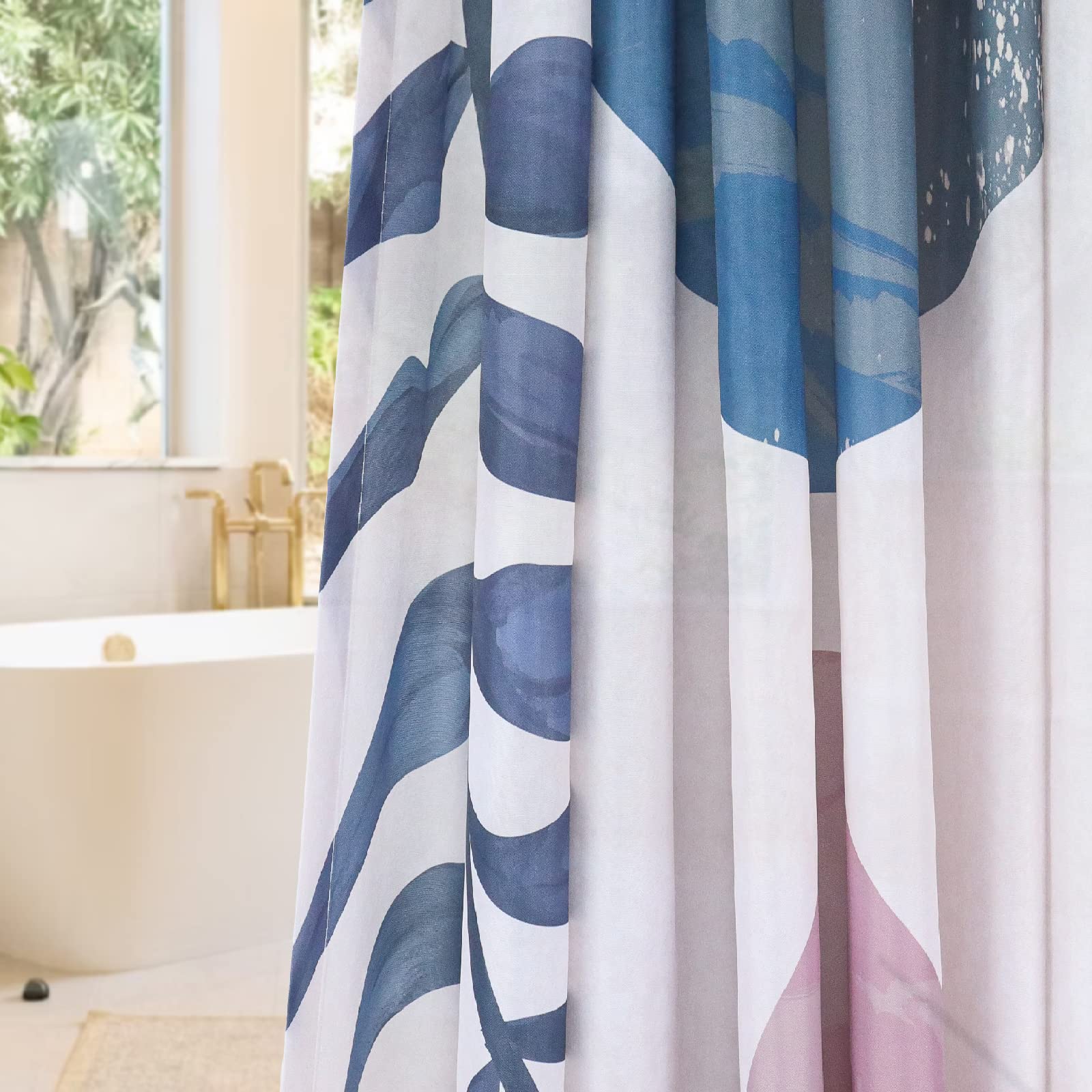 Cortina de ducha bohemia azul para baño, juego de cortina de ducha moderna de mediados de siglo, decoración de baño, accesorio de baño