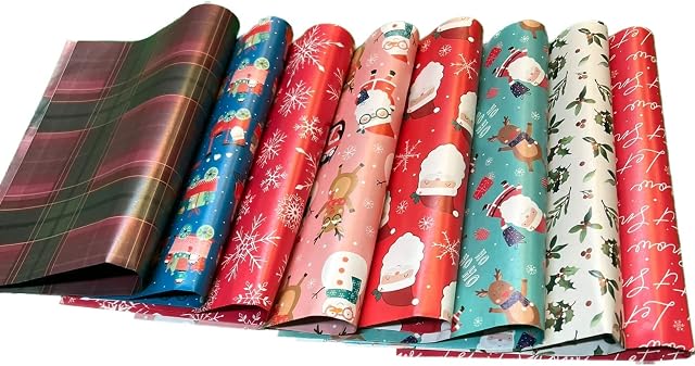 AINN - 8 Large Assorted Design Wrapping Paper Sheet for Christmas, Paper, 70x50 cm