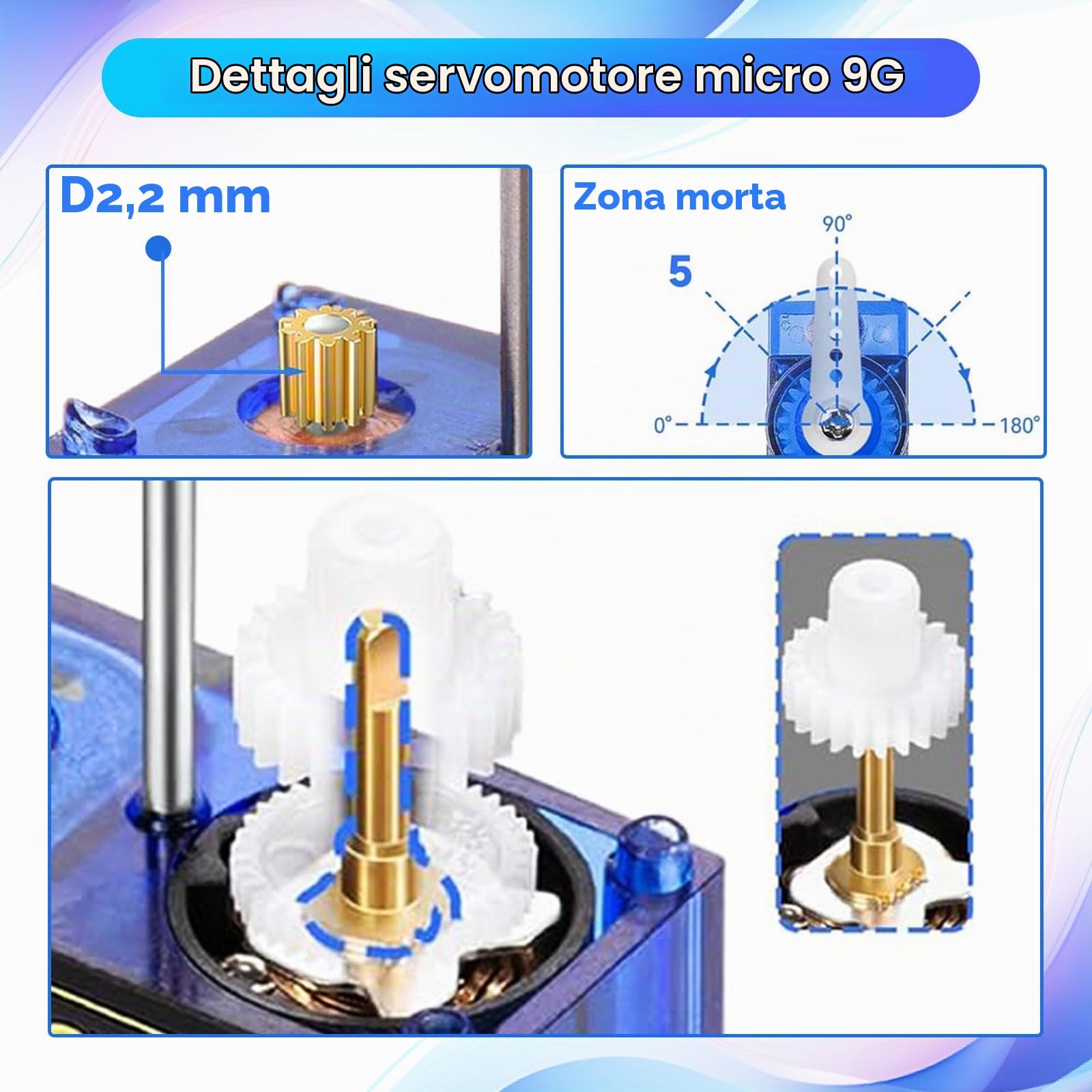 RUIZHI Kit 6 Micro Servo Motori 9G Per Arduino, Robotica, RC E Droni – 180° Con Bracci E Viti - 3