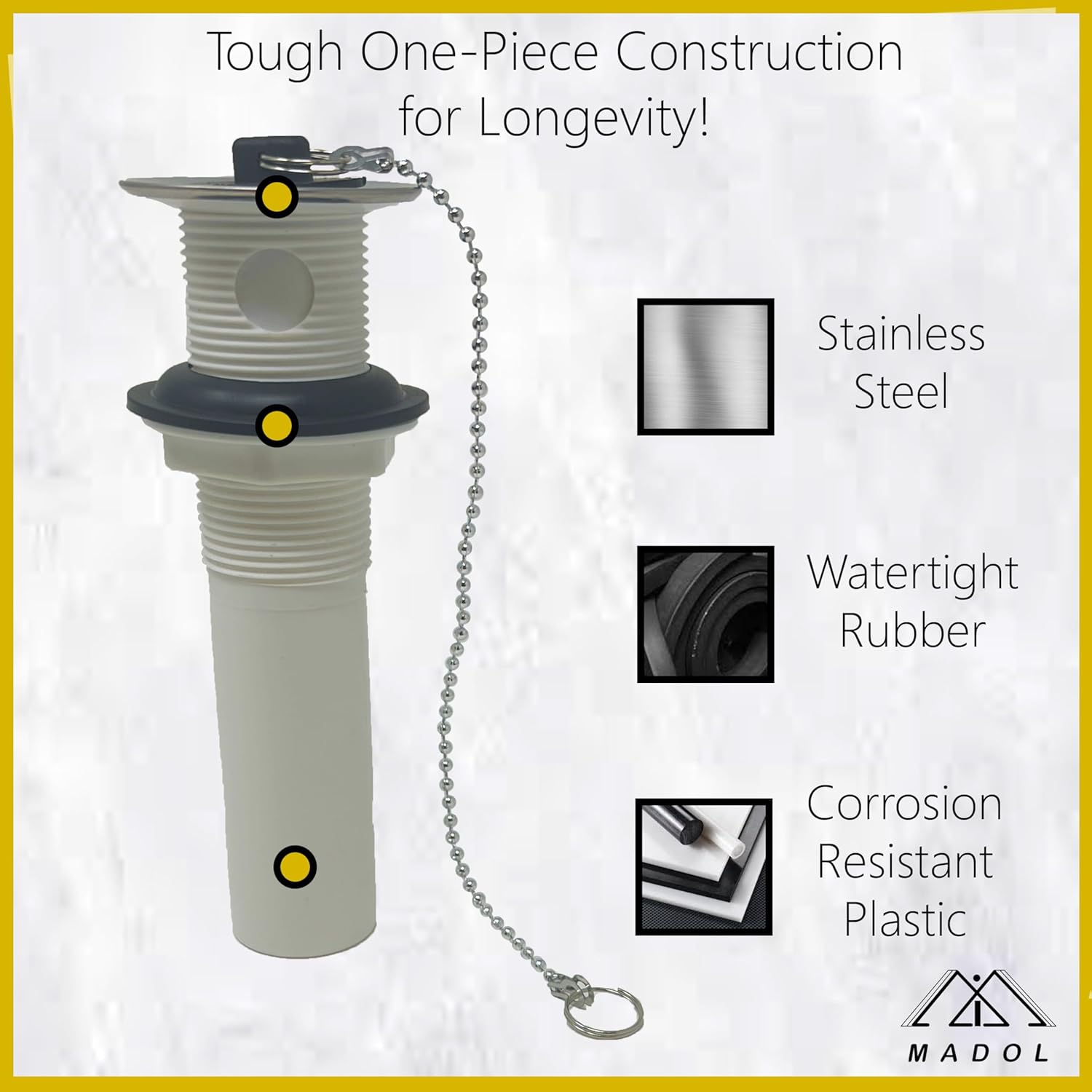 Sink Drain, 1-1/4 in. x 6 in. One-Piece Plastic Assembly kit with Tailpiece and Drain Stopper, for Bathroom and Kitchen Bowls.
