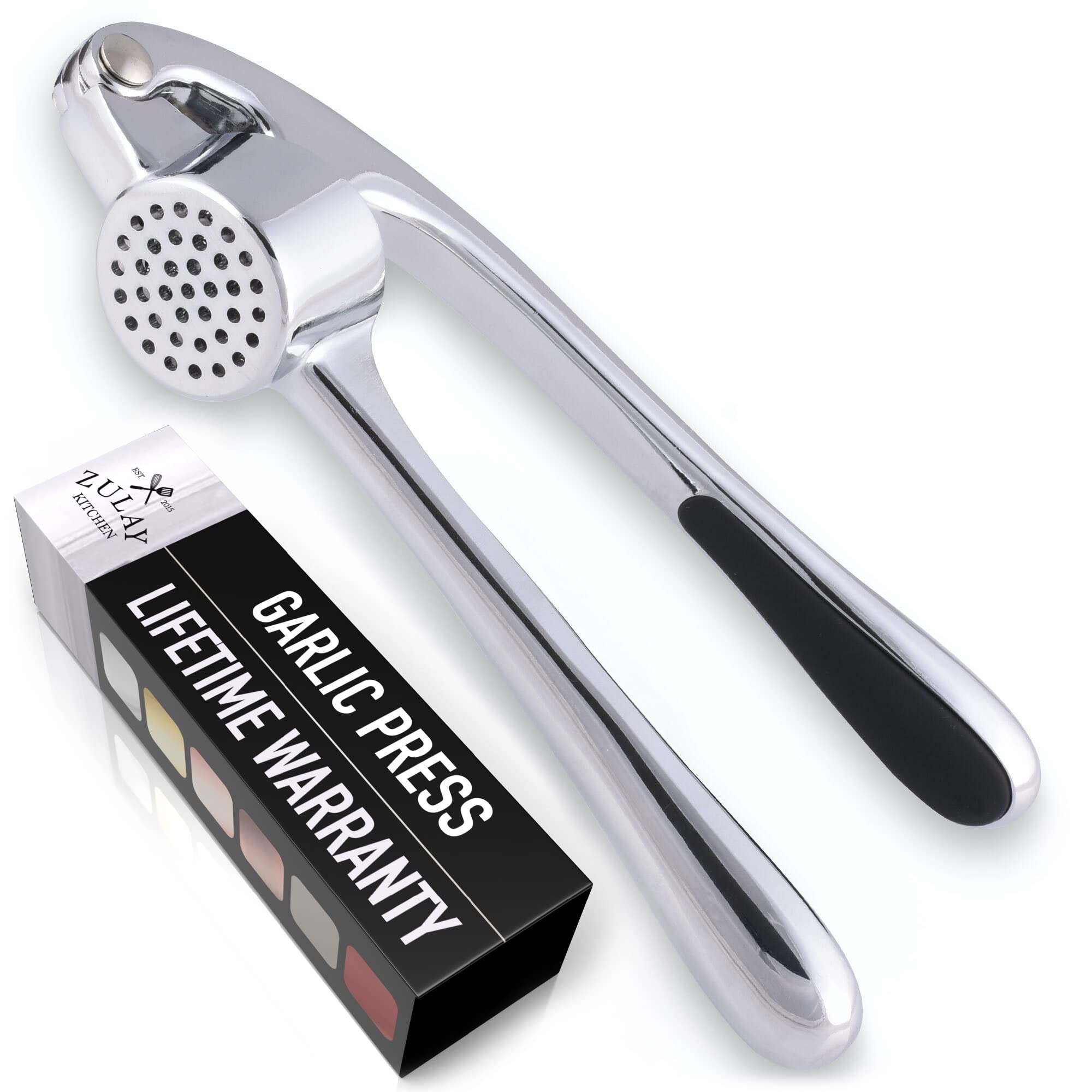 Zulay Kitchen Premium Garlic Press - Durable Garlic Masher with Soft, Easy to Squeeze Handle - Garlic Mincer Tool - Sturdy Easy to Clean Garlic Crusher (Chrome)