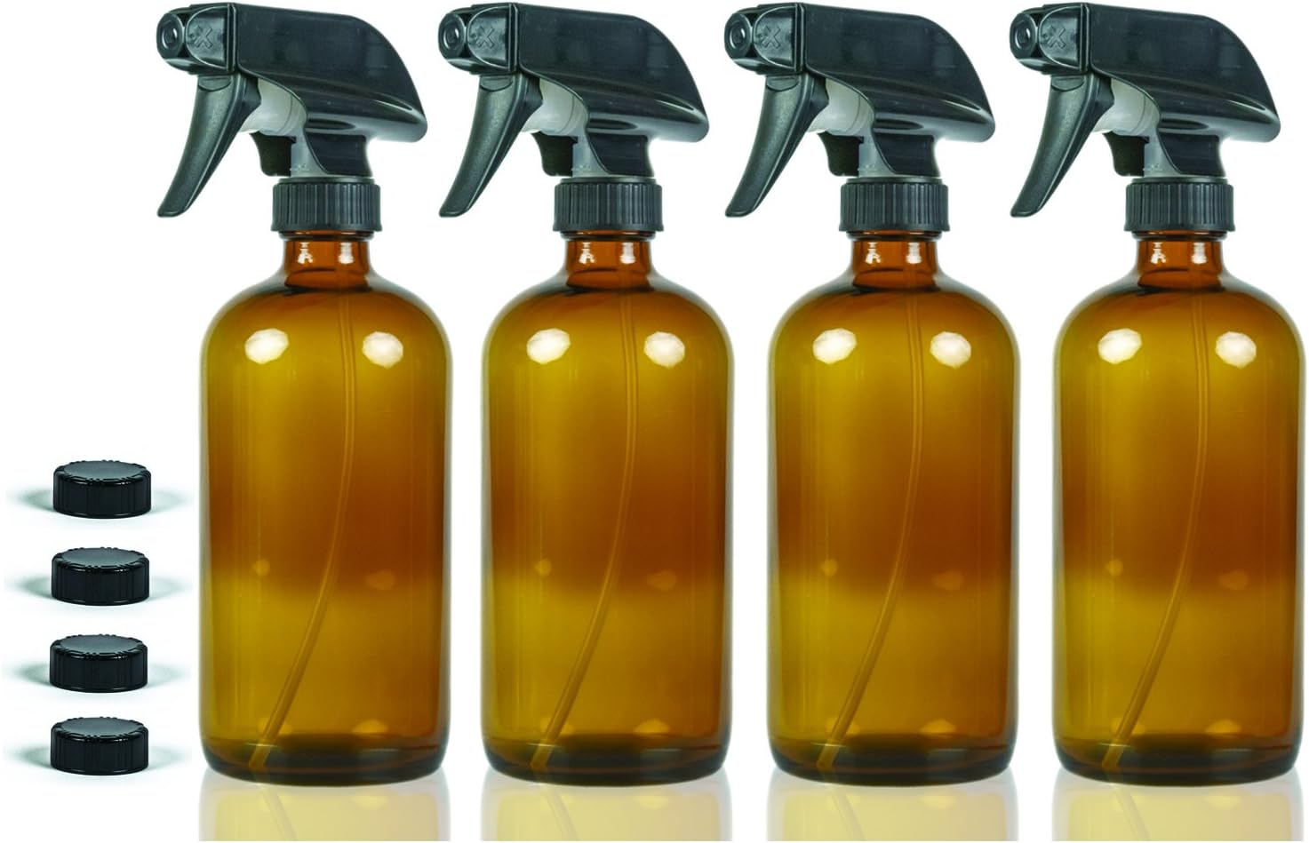 16 oz Glass Spray Bottles - NatureO Empty Amber Spray Bottles with Trigger Sprayer and Cap - Sprays Stream or Mist - 4 Pack
