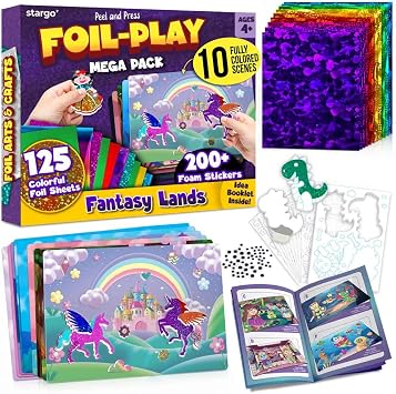 Stargo 10 Scene Pack - Foil Creative Art Kit for Kids, Fun Craft Set with Triple-Layer 3D Stickers & Foil Sheets Arts & Crafts for Birthday Party, Girls Boys DIY Activity, Gifts for Ages 4 5 6 7 8 9
