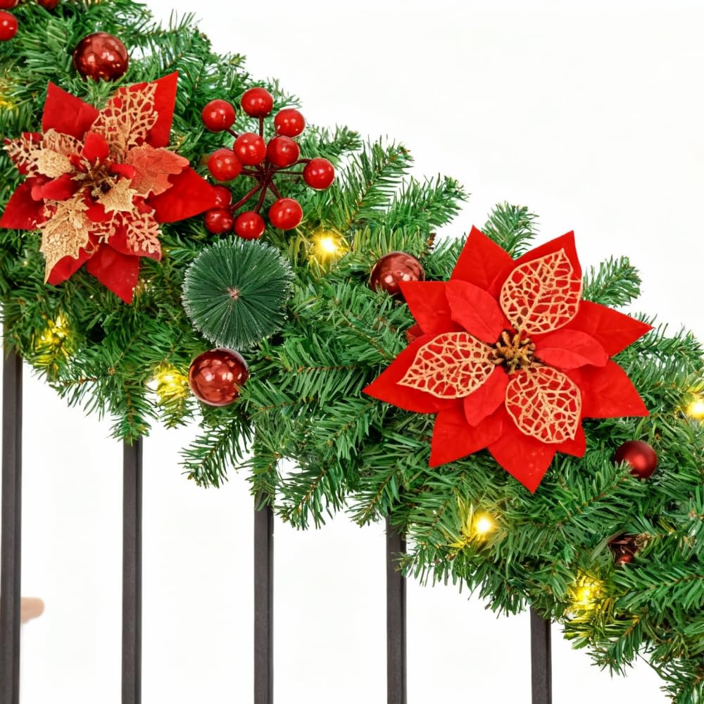 Guirnalda de Navidad 2,7M, 5M 30LEDs Guirnaldas Navideñas con Luces, Rojo Flores y Bolas, decoración navideña para Puertas, Ventanas, chimeneas, escaleras, Patio, Interior y Exterior