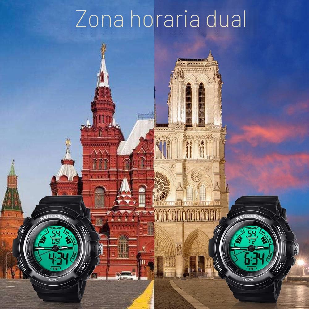 10 ATM Submarino Luminoso Reloj de Buceo Deportivo con Alarma y Funciones de Cronómetro Sumergible, Soporte la Visión de Doble Zona Horaria, Movimientos Digitales y Analógicos, Formato de 12/24 Horas