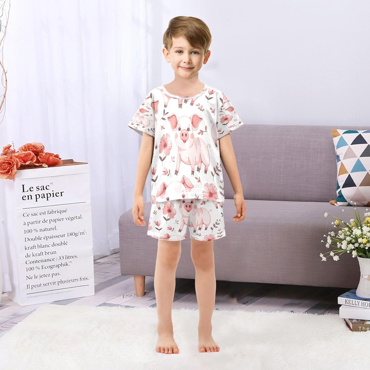 senya Pink Flower Pig Summer Pajamas Set Short Cotton Sleepwear 2 Piece - Image 6