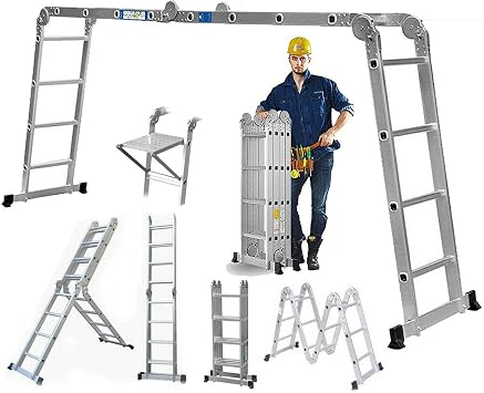 Multi Purpose Combination Ladder 4.7M 15.5FT Foldable Step Ladders Aluminium 150kg Capacity 16 Steps EN131 with 1 Free Platform for Indoor Outdoor Works
