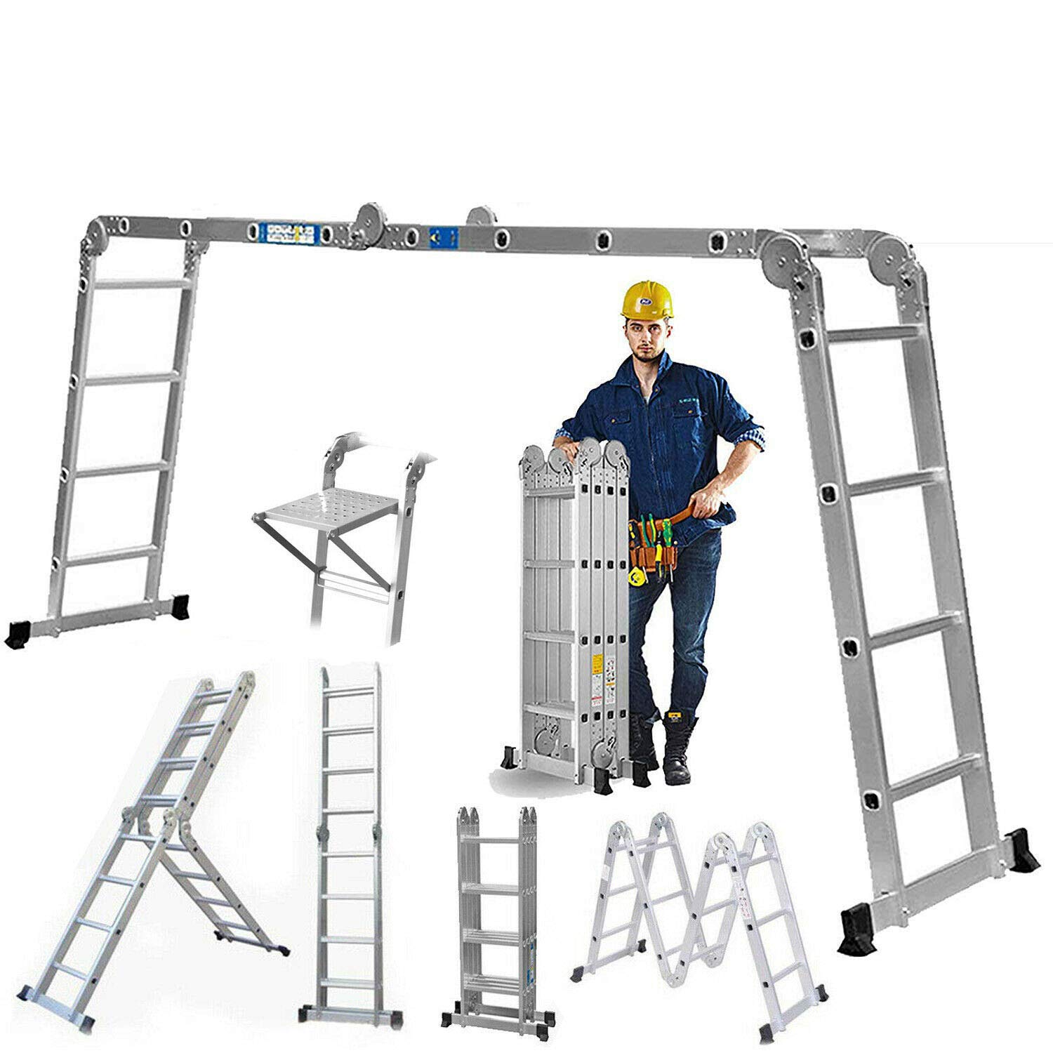 Jaosy Silver Multi Purpose Combination Ladder 4.7M 15.5Ft Foldable Step Ladders Aluminium 150Kg Capacity 16 Steps En131 With 1 Free Platform For Indoor Outdoor Works