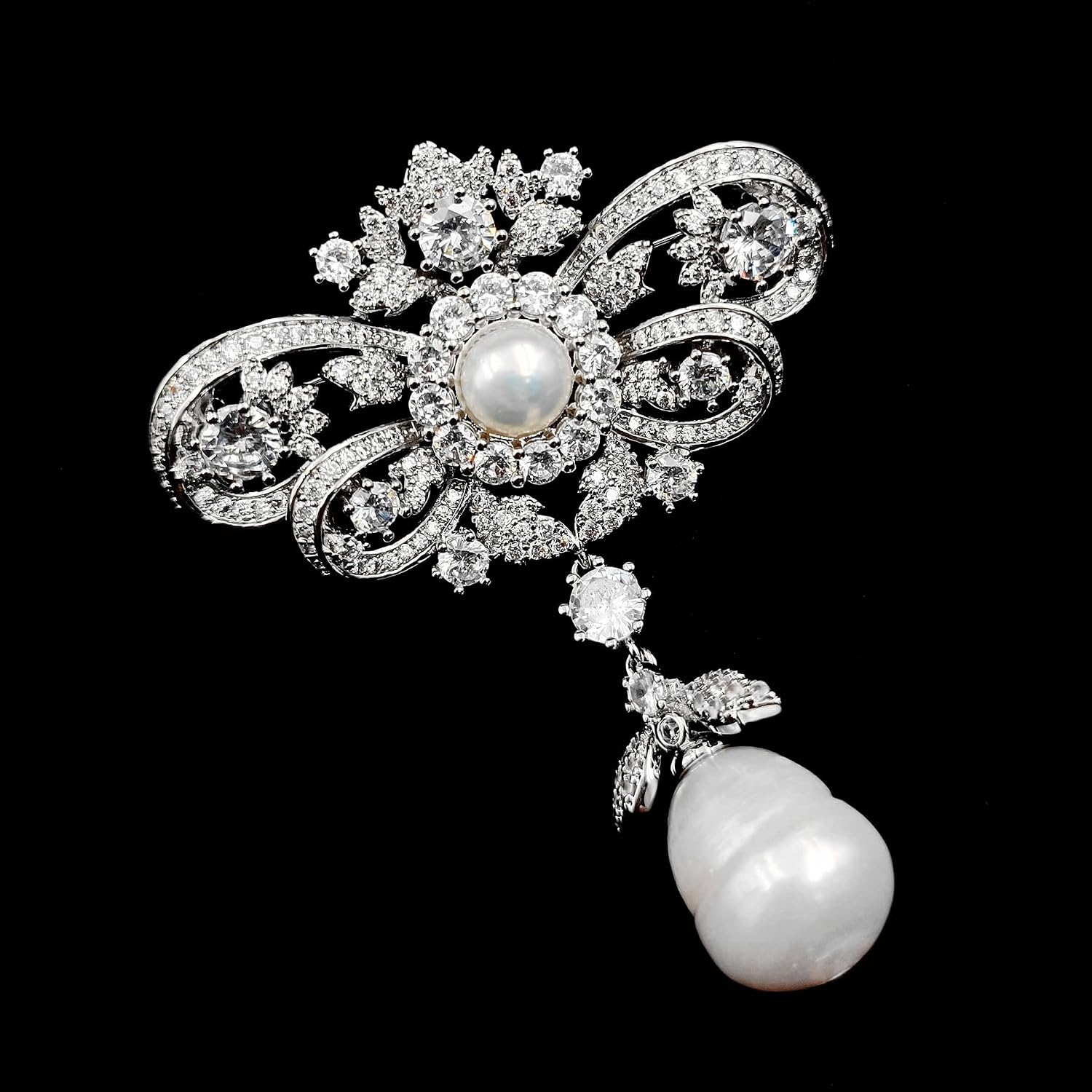 Queen Vintage Silver Tone Double Ribbon Bow & Imitated Baroque Pearl Drop Brooch Pin Edwardian Wedding Accessory image 4