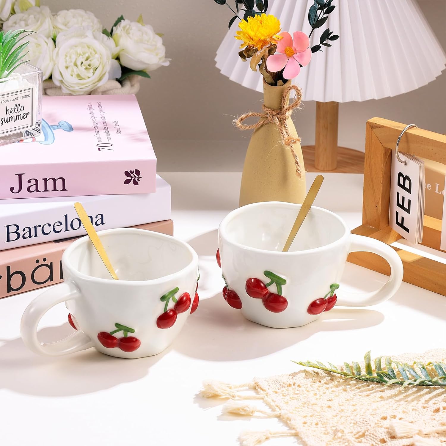 2 Pcs Cherry Icon Cup 12 oz Red Cherry Ceramic Coffee Mug with Handle and Spoons Aesthetic Latte Art Cup for Birthday Wedding Gifts Cute Mugs for Cappuccino Hot Chocolate Tea Milk Espresso - Image 6