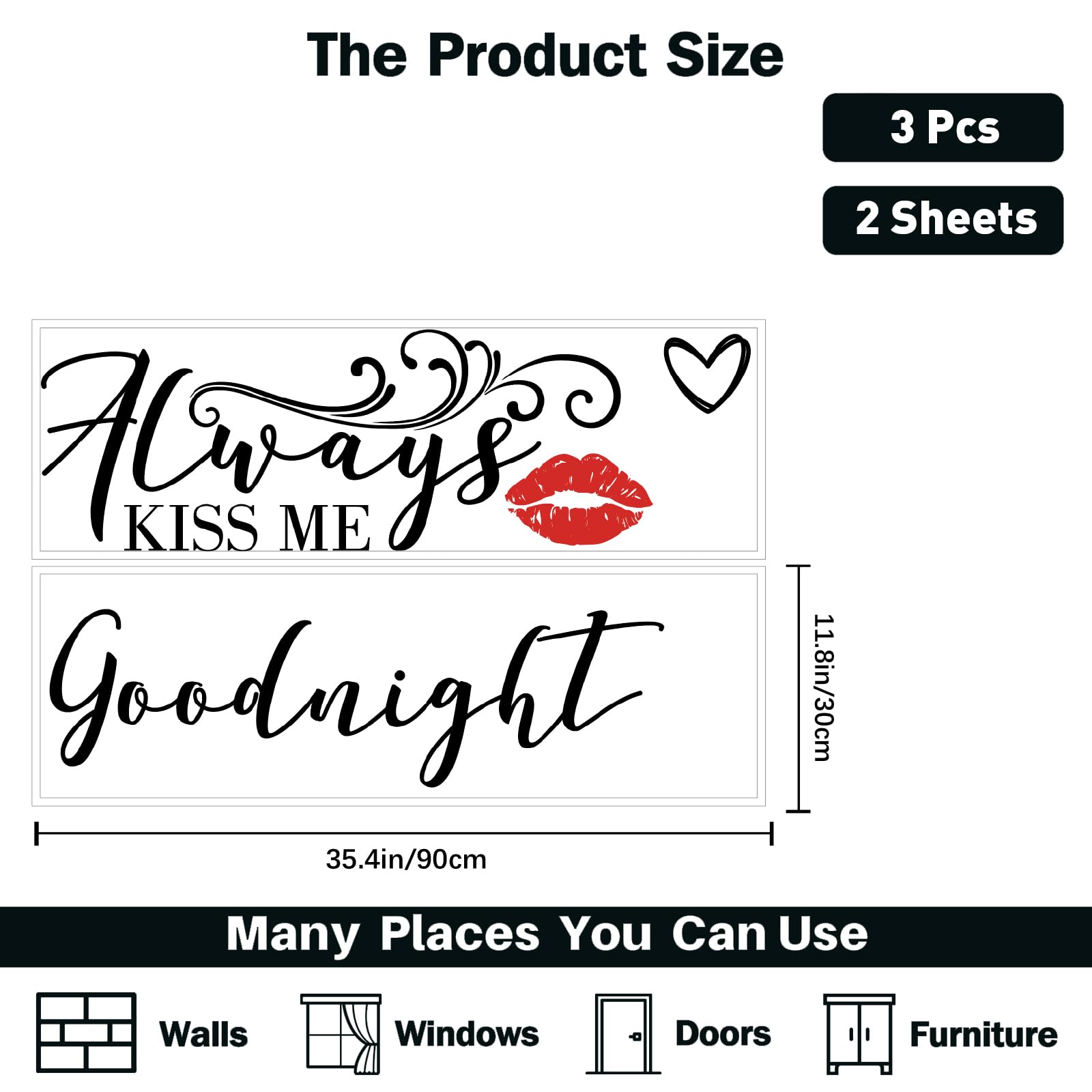 PLIGREAT 2 Sheets Romantic Red Lip Wall Sticker Always Kiss Me Goodnight Quotes Wall Decals Love Art Letters Removable Stickers for Bedroom Living Room Bathroom Decor Couples Home DIY Indoor Art Decor - Image 2