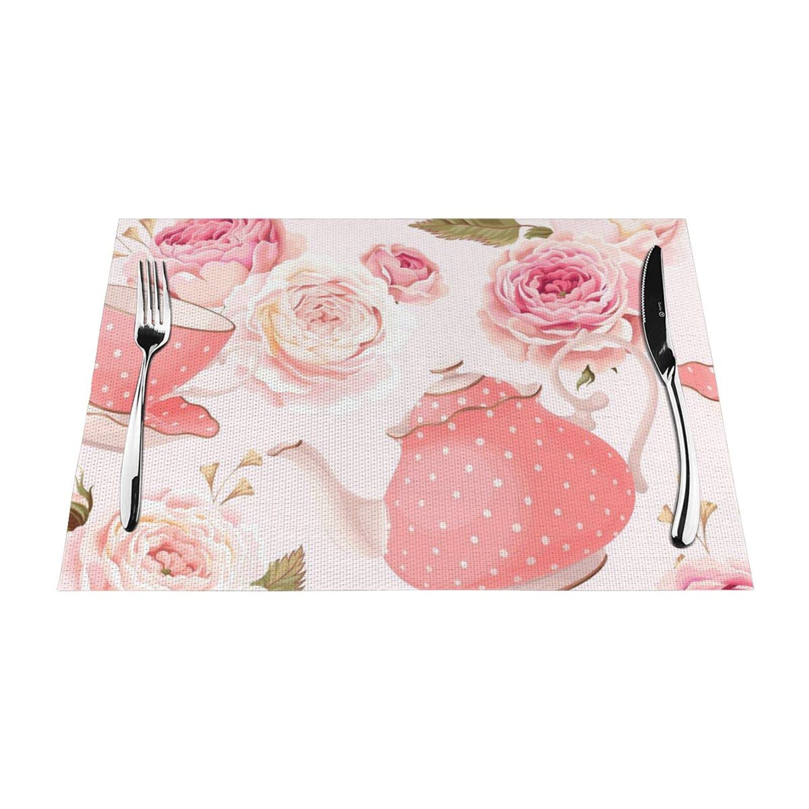 PVC Placemat Set of 6 PCS, 45x30 CM, Tea Cups with Roses Romantic Shabby Printed Non-Slip Heat Resistant Place Mats for Kitchen Dining Table Indoor Outdoor
