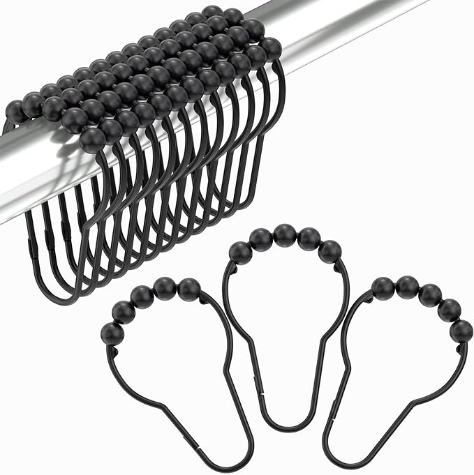 Amazer Rustproof Stainless Steel Shower Curtain Rings Hooks Set of 12 (Polished Matte Black)