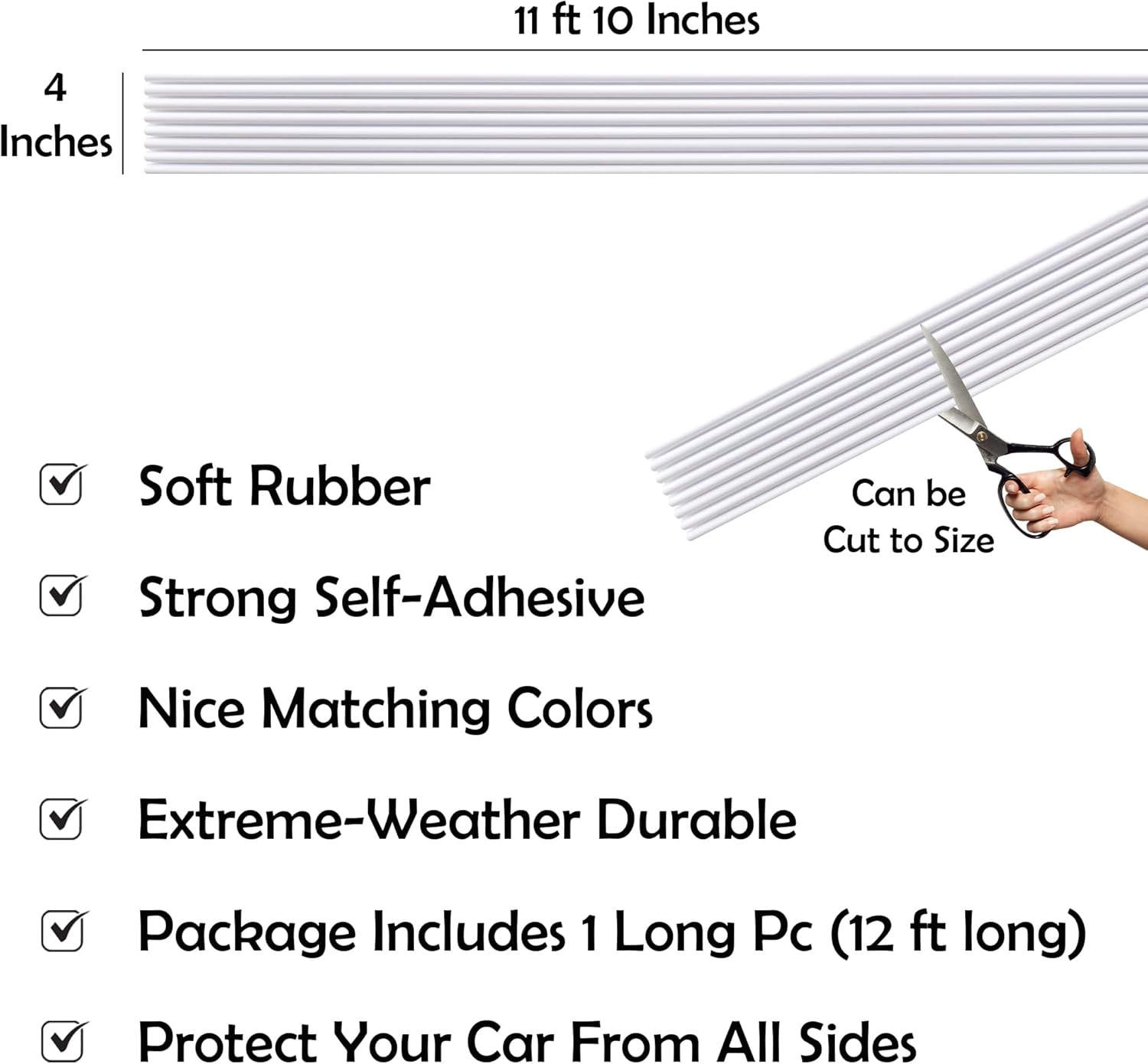 Rubber Bond DIY Car Bumper Protectors - 4in x 12ft Strong Self-Adhesive Rubber Bumper Guards for Cars - Anti-Scratch - Car Protection Strips (White)