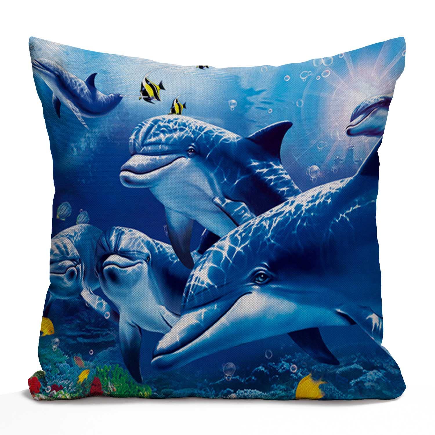 Tomda Multi012 Blue Sea World Coral Dolphin Cotton Burlap Linen Cushion Cover Throw Pillow Case Sofa Outdoor Decorative Square 45X45cm 18X18 Inch