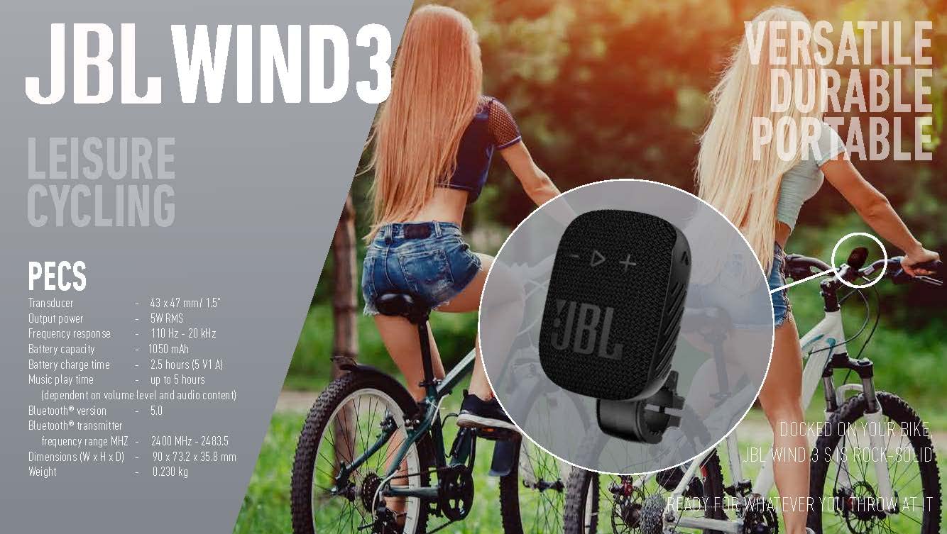 JBL Wind 3S Black altoparlante Bluetooth portatile, 5 W RMS, 84 dB, 110 Hz–20 kHz, driver 1,75", IP67, batteria 1050 mAh, Bluetooth 5.0, USB-C, supporto manubrio, outdoor
