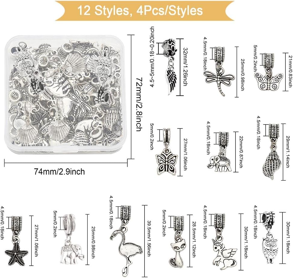 CHGCRAFT 48Pcs 12 Styles Alloy Dangle Spacer Beads European Dangle Beads Antique Silver Butterfly Elephant Owl Charm for European Snake Chain Bracelet Necklace Making, 21~30mm Length - Image 2