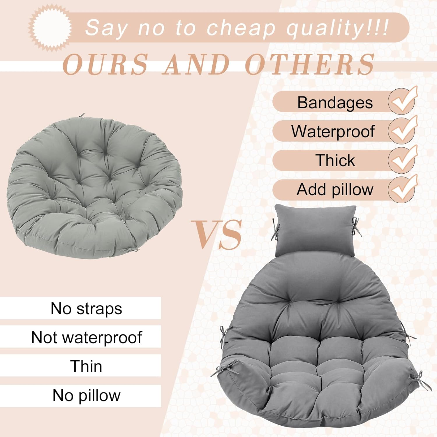 Tudomro Waterproof Egg Chair Cushion with Pillow Filling 2.58 kg Replacement Rocking Wicker Chair Cushion 48" x 32" High Back Hanging Swing Hammock Pad Thicken for Outdoor Patio Garden (Dark Gray)