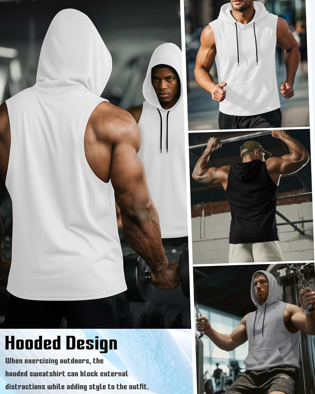 3 Pack Men's Hooded Tank Tops, Workout Sleeveless Gym Hoodie Muscle Bodybuilding Running Cut Off Shirts - Image 2