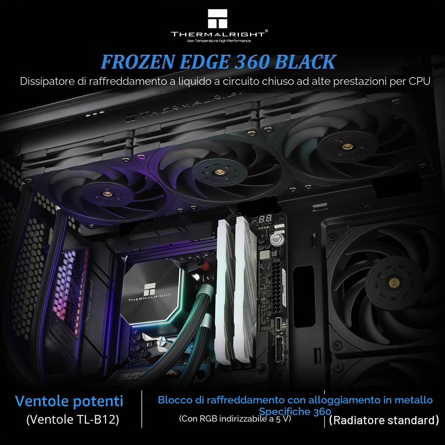 TR Frozen Edge 360 Black refrigeratore d'acqua liquido per CPU con ventola PWM da 120mm, specifica della fila fredda 360 nero, AMD/AM4/AM5, Intel LGA1700/1150/1151/1200/2011