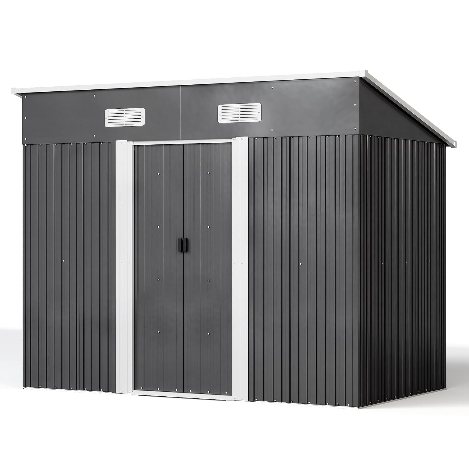 XEMQENER 8 x 4 FT Metal Garden Shed with Base, Lockable Waterproof Outdoor Storage Tool Shed with Pent Roof & Air Vents for Backyard Garden - 238x131x182 cm, Anthracite Grey