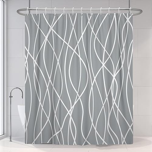 Miniatura 33 de Cortina de ducha pequeña a rayas gris claro degradado para baño, 36 x 72 pulgadas, juego de cortina de ducha geométrica para cabina de RV con Gris