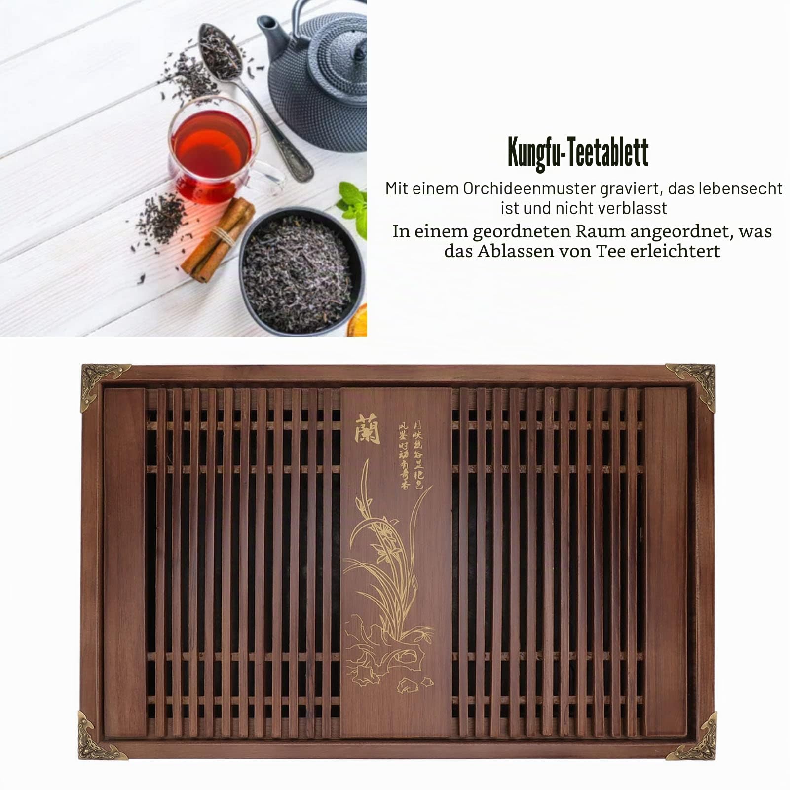 Kungfu-Teetablett, Chinesisches Entwässerungs-Wasserspeicher Gongfu-Tee-Serviertablett mit Abflussrohr, Großes 28 X 43 Cm / 11,0 X 16,9 Zoll Heimdekoration Holz-Teetisch-Set (Helle schwarze Orchidee)