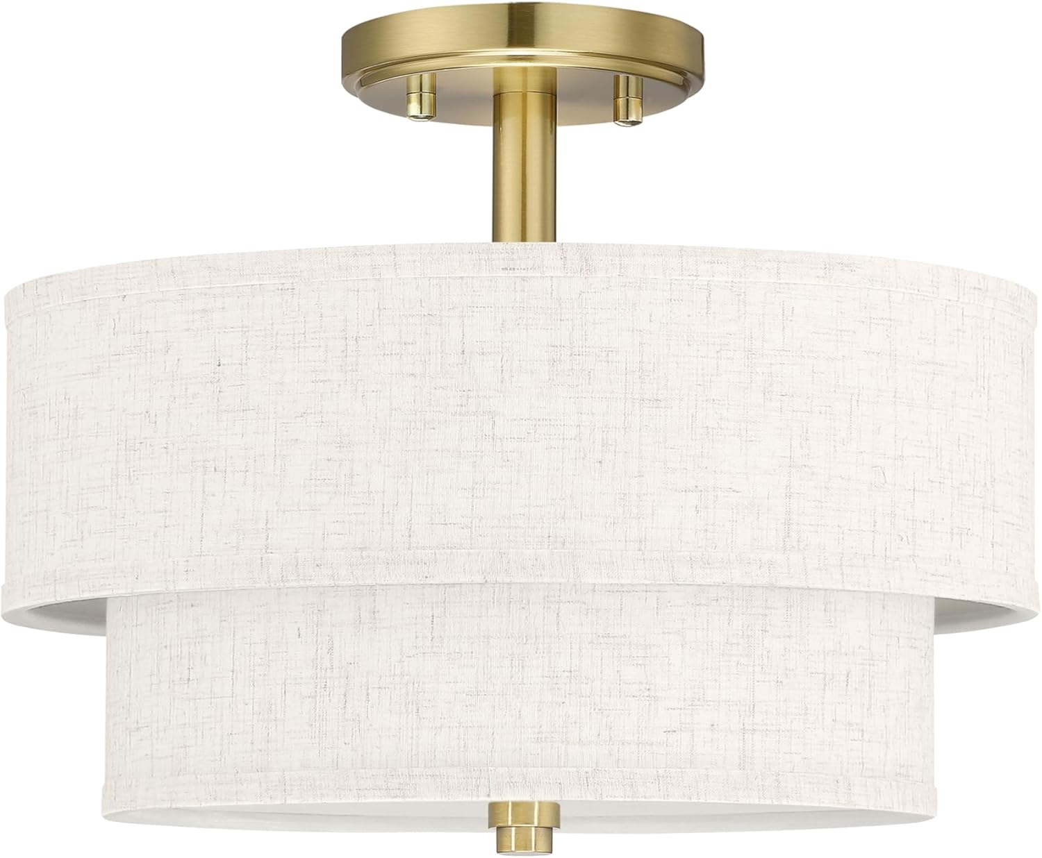 Leading Lighting 12 Inch Double Drum Linen Fabric Shade Gold Semi Flush Mount Close to 3 Light Ceiling Light Fixture for Bedroom,Living Room,Dining Room Hallway