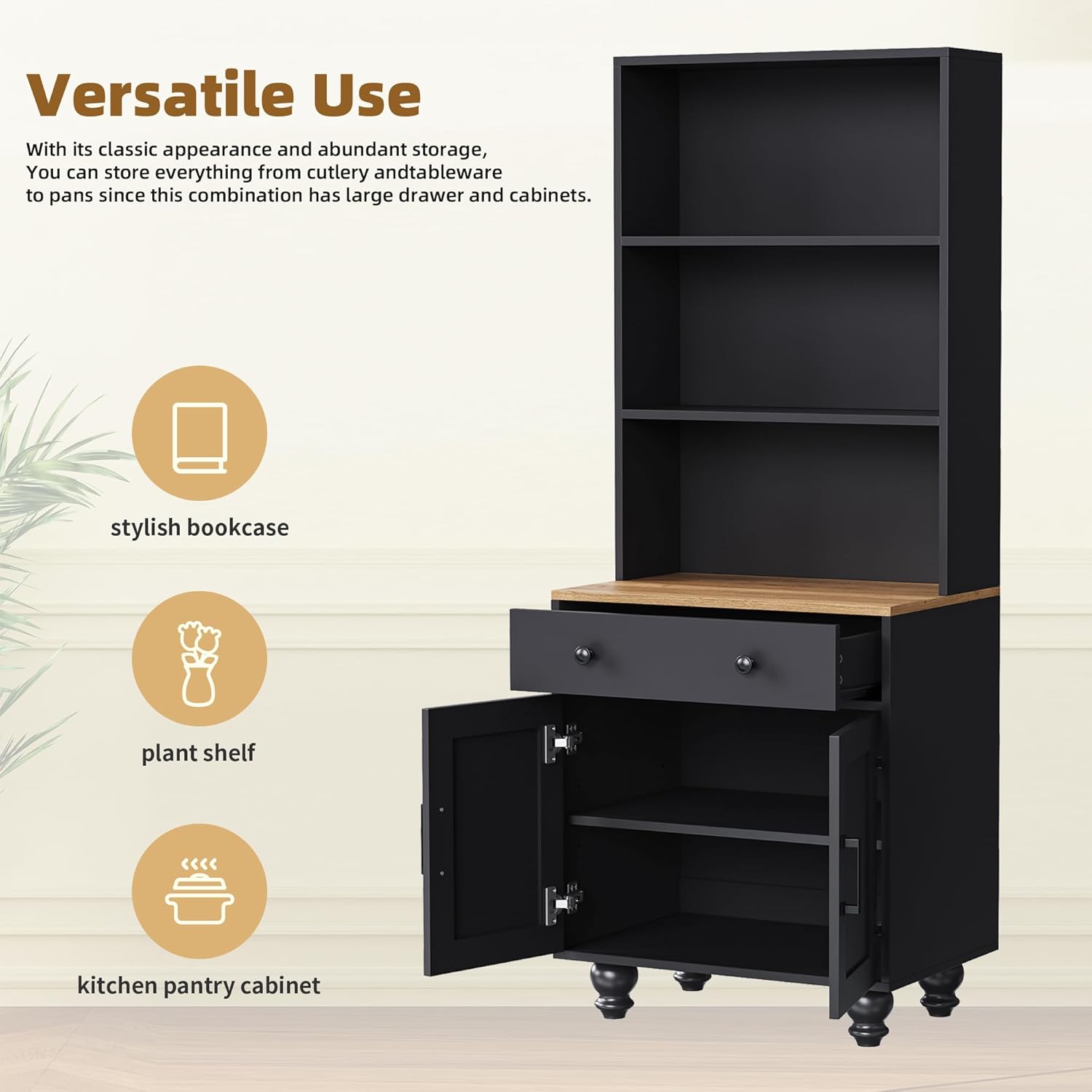 Farmhouse Storage Cabinet with Adjustable Shelves, Tall Kitchen Pantry Cabinet with Drawer, 5 Tier Bookshelf on Solid Wood Legs for Living Room or Dining Room (Black)