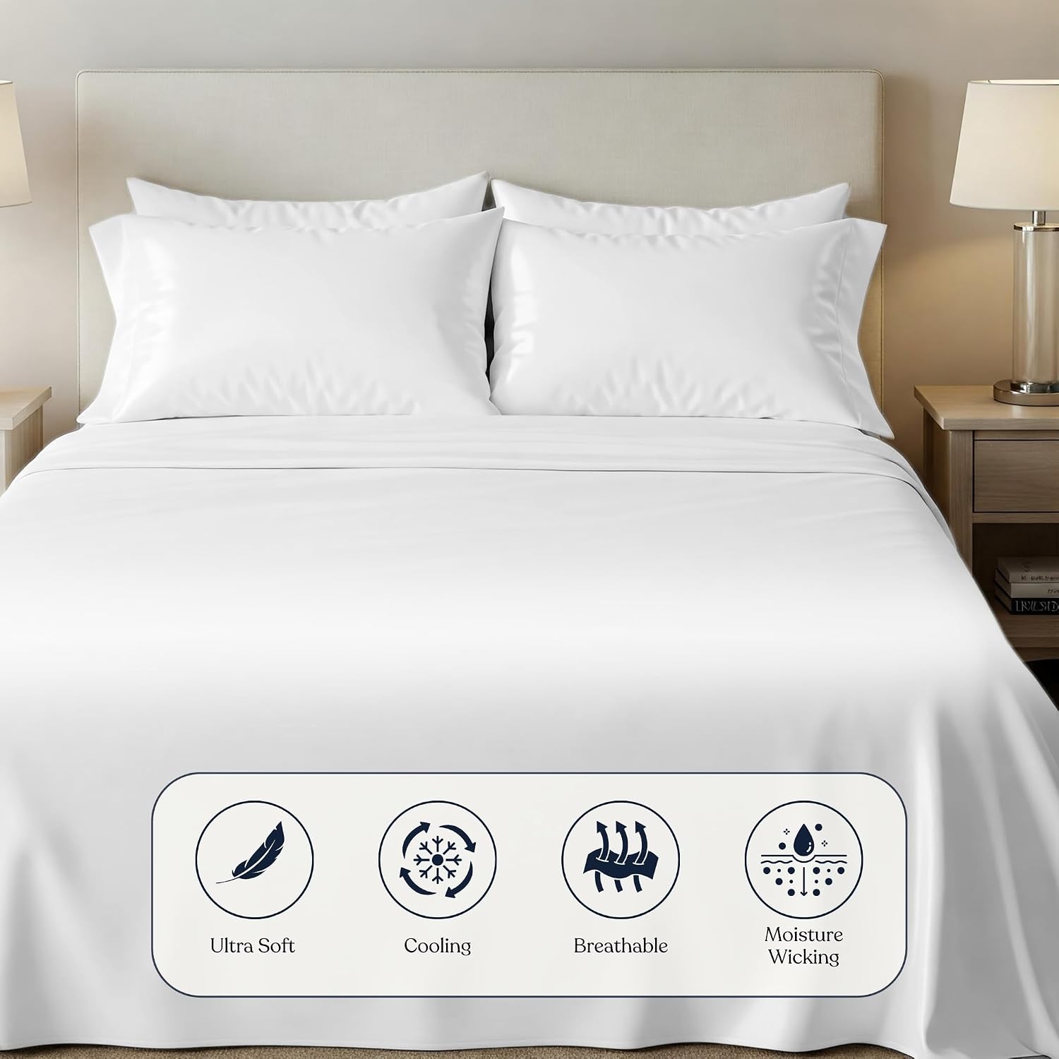 100% Organic Viscose Derived from Bamboo Flat Sheet, Ultra-Soft, Cooling, and Moisture-Wicking, Luxury Flat Bed Sheet for Hot Sleepers (White, Queen)